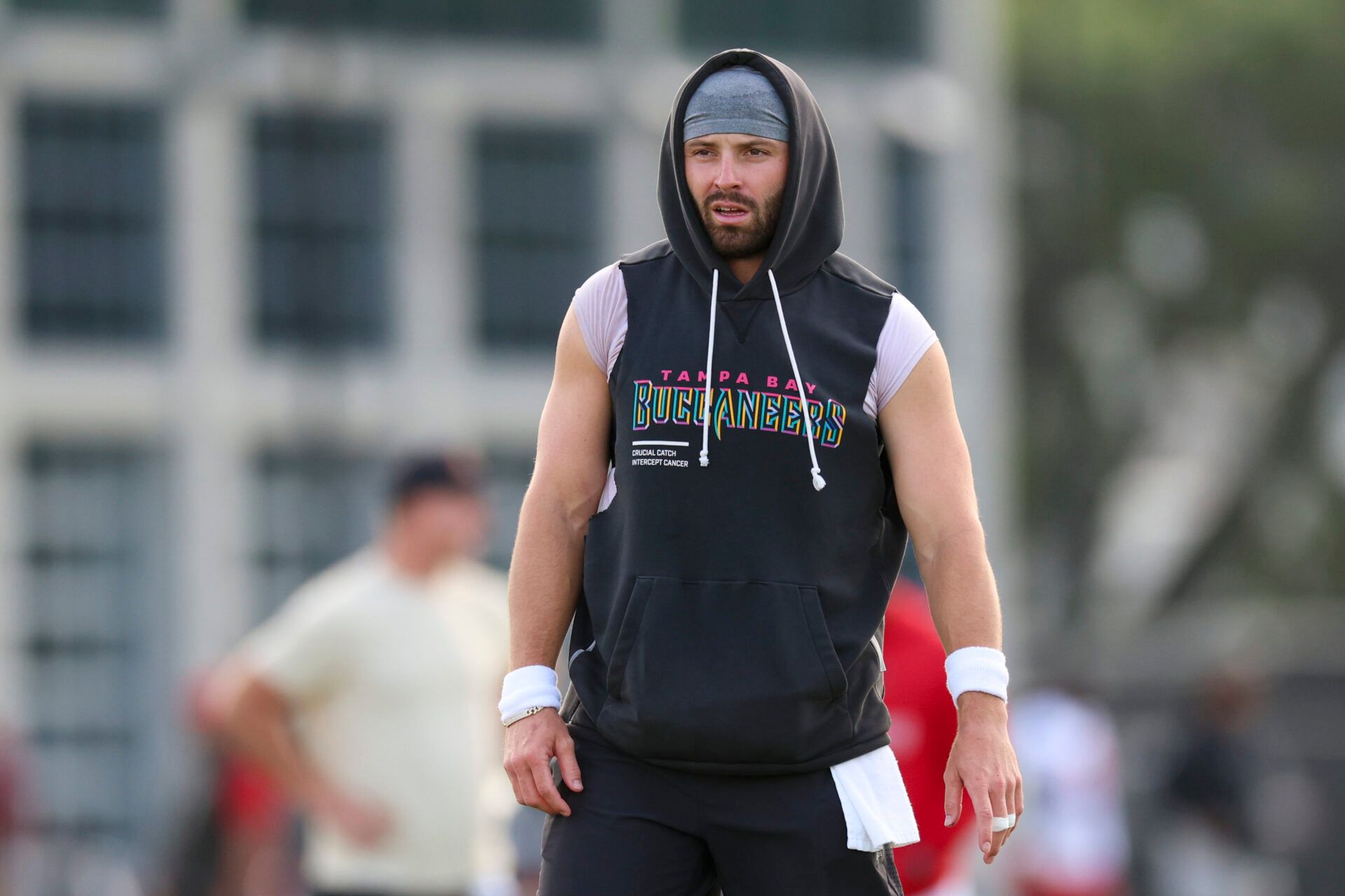 Tampa Bay Buccaneers quarterback Baker Mayfield (6) participates in training camp at AdventHealth Training Center.