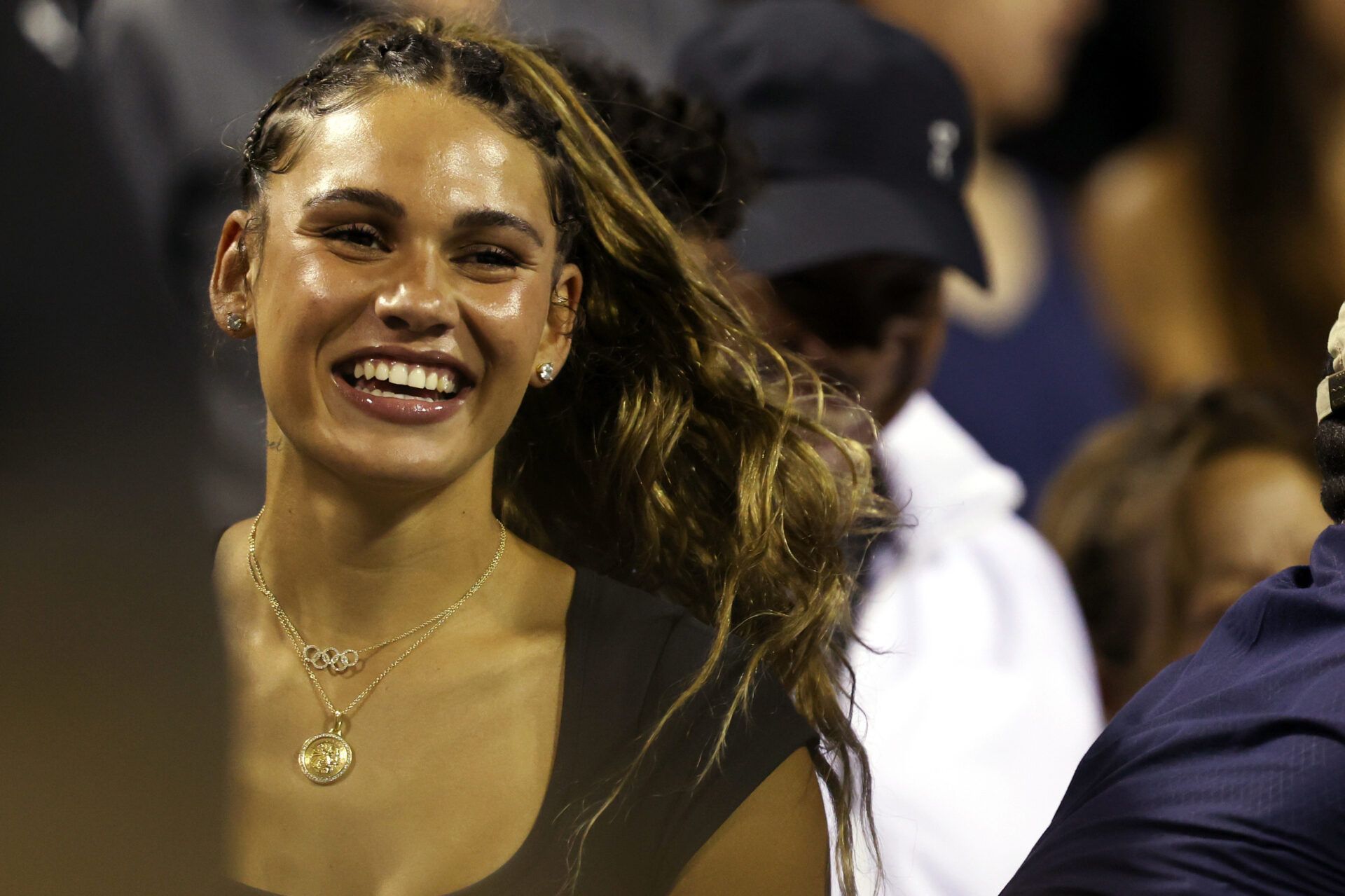 Trinity Rodman, girlfriend of Ben Shelton (USA) (not pictured), celebrates in the stands after his match against Ugo Humbert (FRA) (not pictured) on day four of the 2026 Mubadala DC Open at Rock Creek Park Tennis Center.
