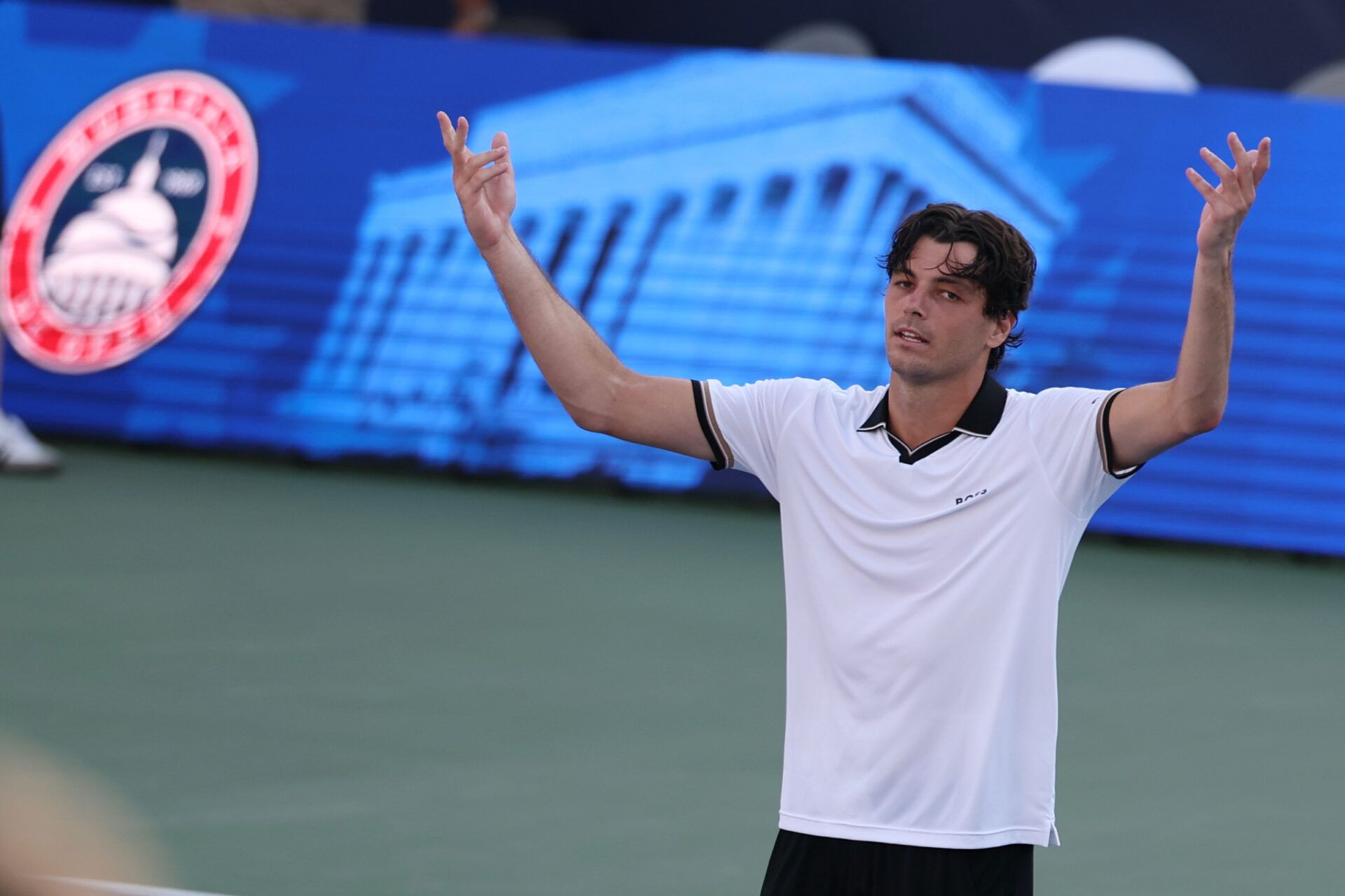 Taylor Fritz (USA) celebrates after his match against Alex Michelsen (USA) (not pictured) during a men's singles quarterfinal on day five of the 2026 Mubadala DC Open at Rock Creek Park Tennis Center.