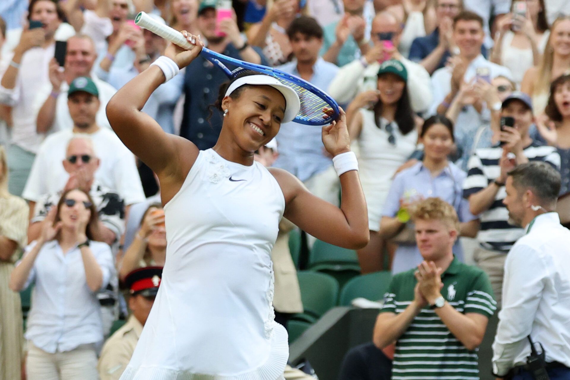 Naomi Osaka (JPN) celebrates after her match against Aryna Sabalenka (not pictured) on day seven of The Championships Wimbledon 2026 at All England Lawn Tennis and Croquet Club.