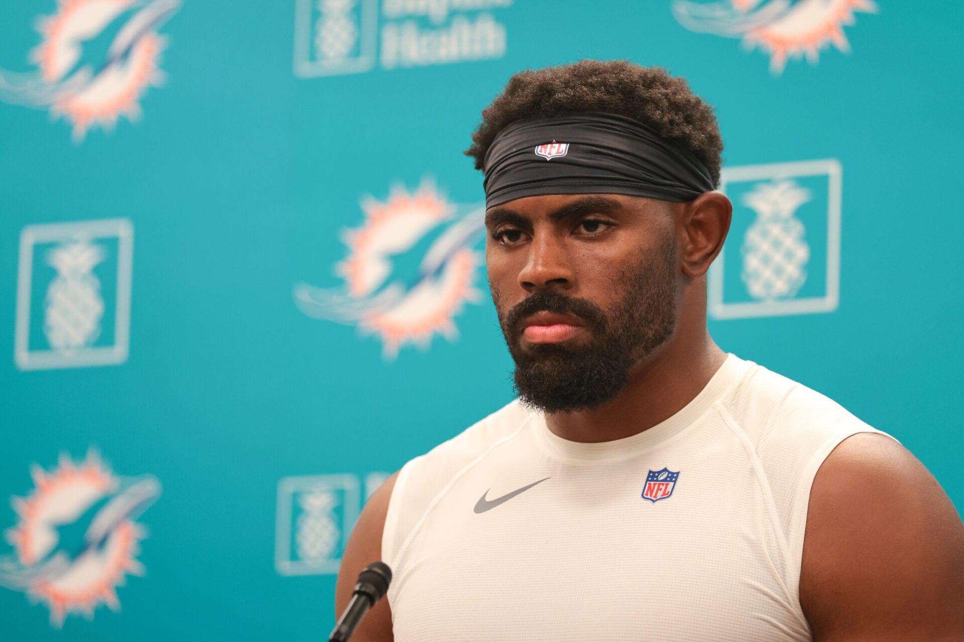 Miami Dolphins linebacker Jordyn Brooks (20) speaks to reporters after practice at Baptist Health Training Complex.