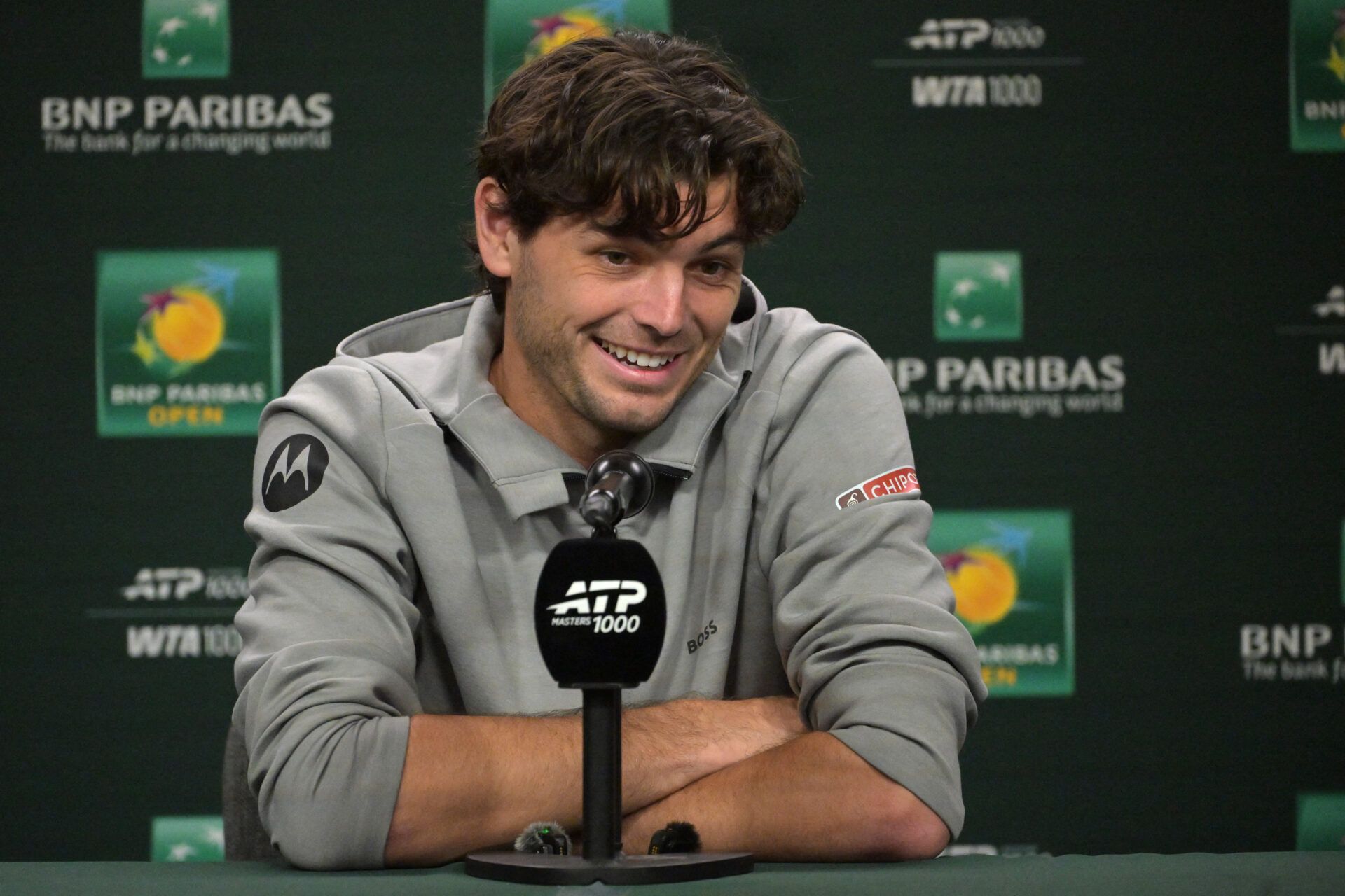 Taylor Fritz (USA) speaks to the media at a news conference during the BNP Paribas Open at the Indian Wells Tennis Garden.