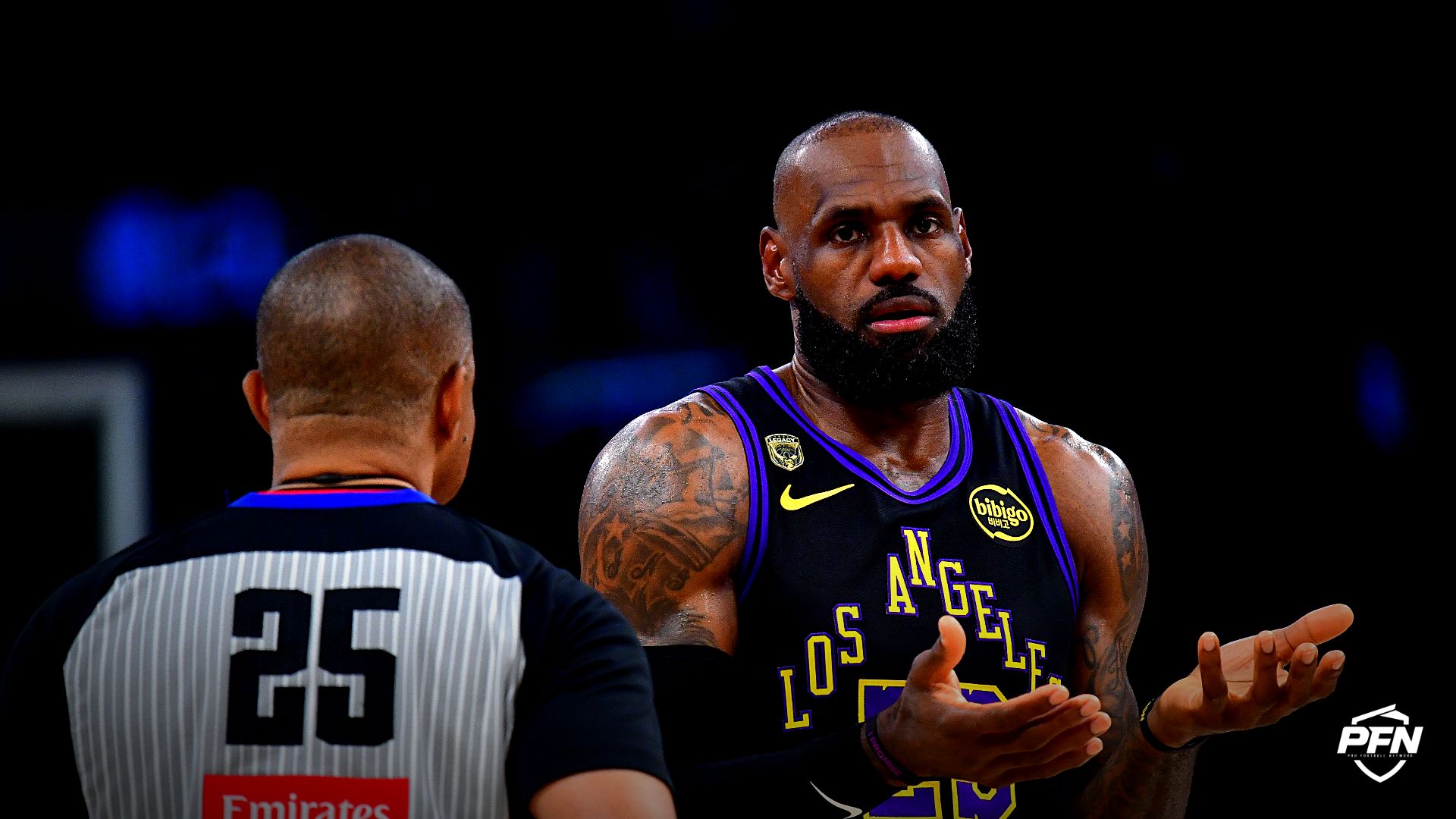 Los Angeles Lakers forward LeBron James (23) speaks with official Tony Brothers during the first half in game four of the second round of the 2026 NBA Playoffs at Crypto.com Arena.