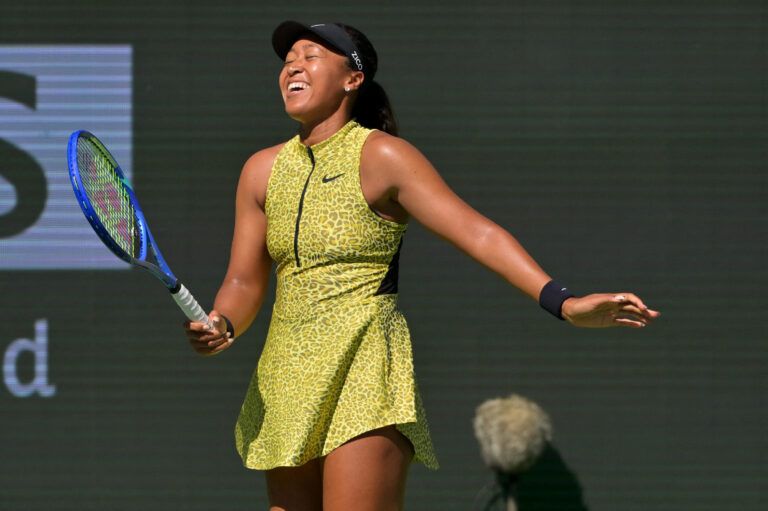 Naomi Osaka (JPN) reacts after missing a shot during her third round match against Camila Osorio (COL) in the BNP Paribas Open at the Indian Wells Tennis Garden.