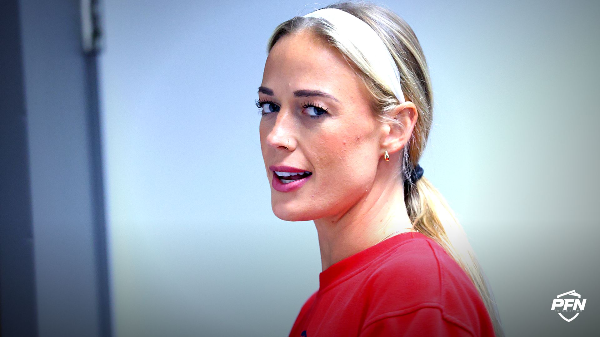 Indiana Fever guard Sophie Cunningham (8) finishes a press conference before a game against the Portland Fire at Moda Center.