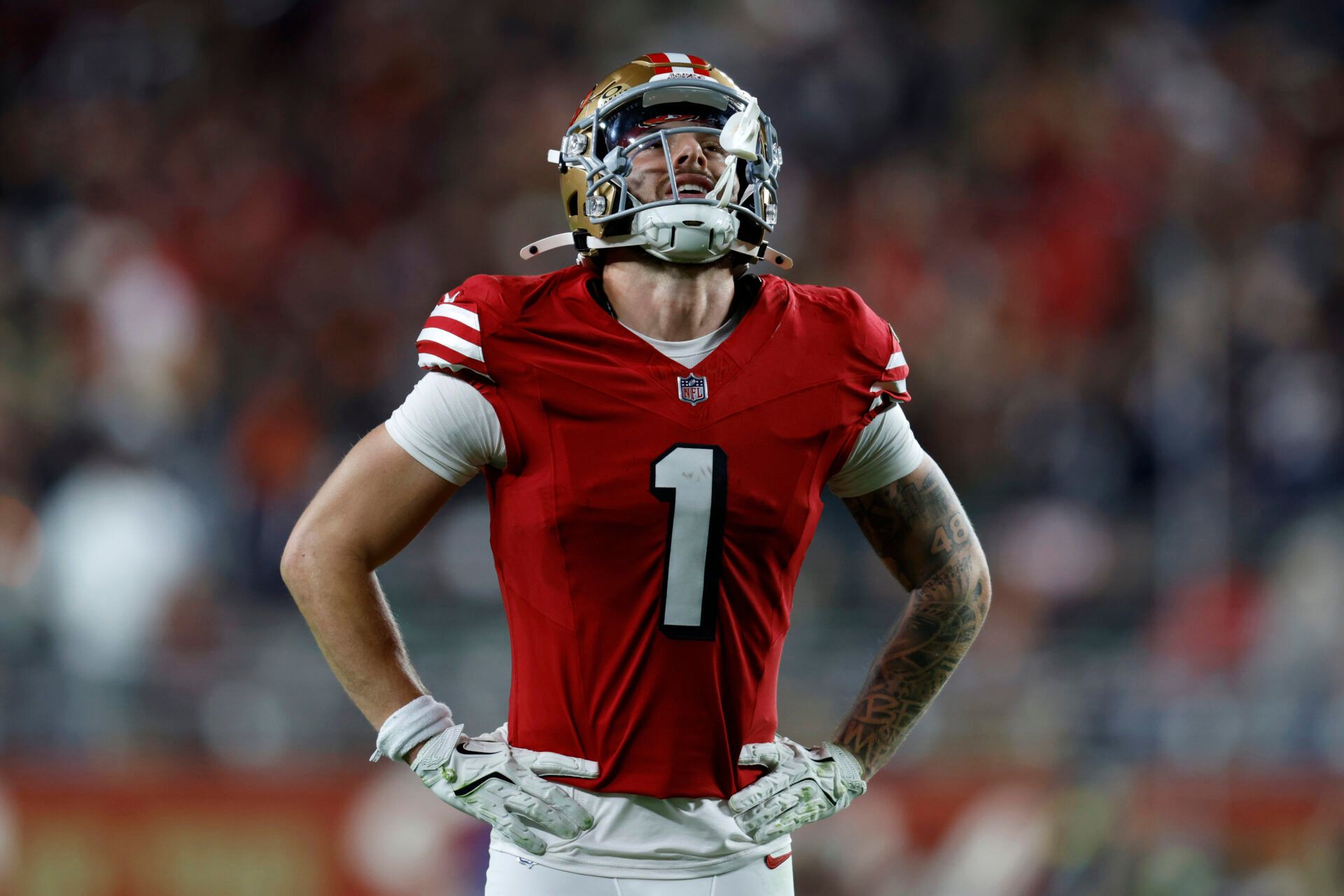San Francisco 49ers wide receiver Ricky Pearsall (1) looks on in the first half against the Chicago Bears at Levi's Stadium.