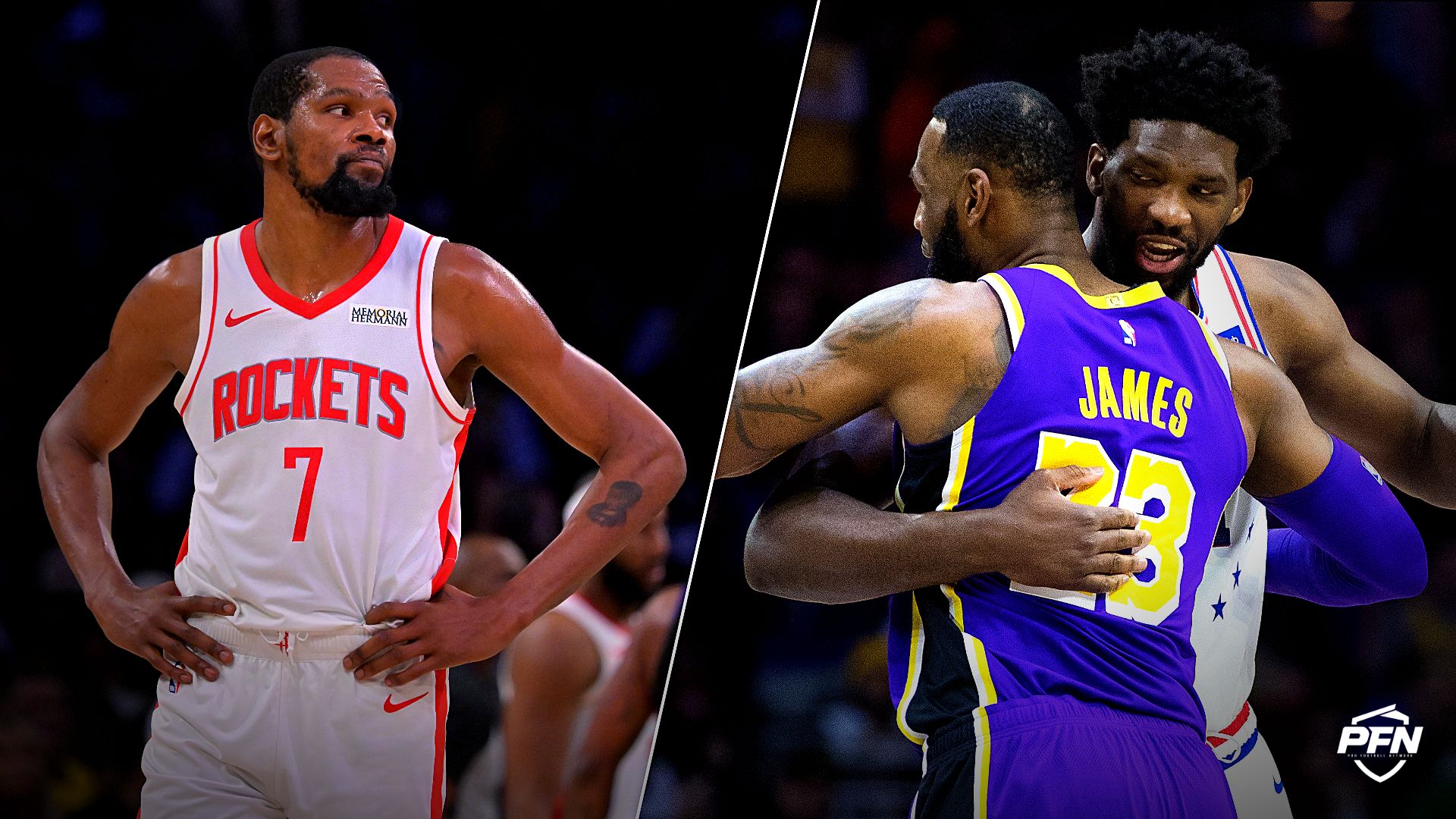 Collage featuring BASKETBALL-NBA-LAL-HOU/ and BASKETBALL-NBA-PHI-LAL/. IMAGN IMAGES via Reuters Connect / USA TODAY Sports