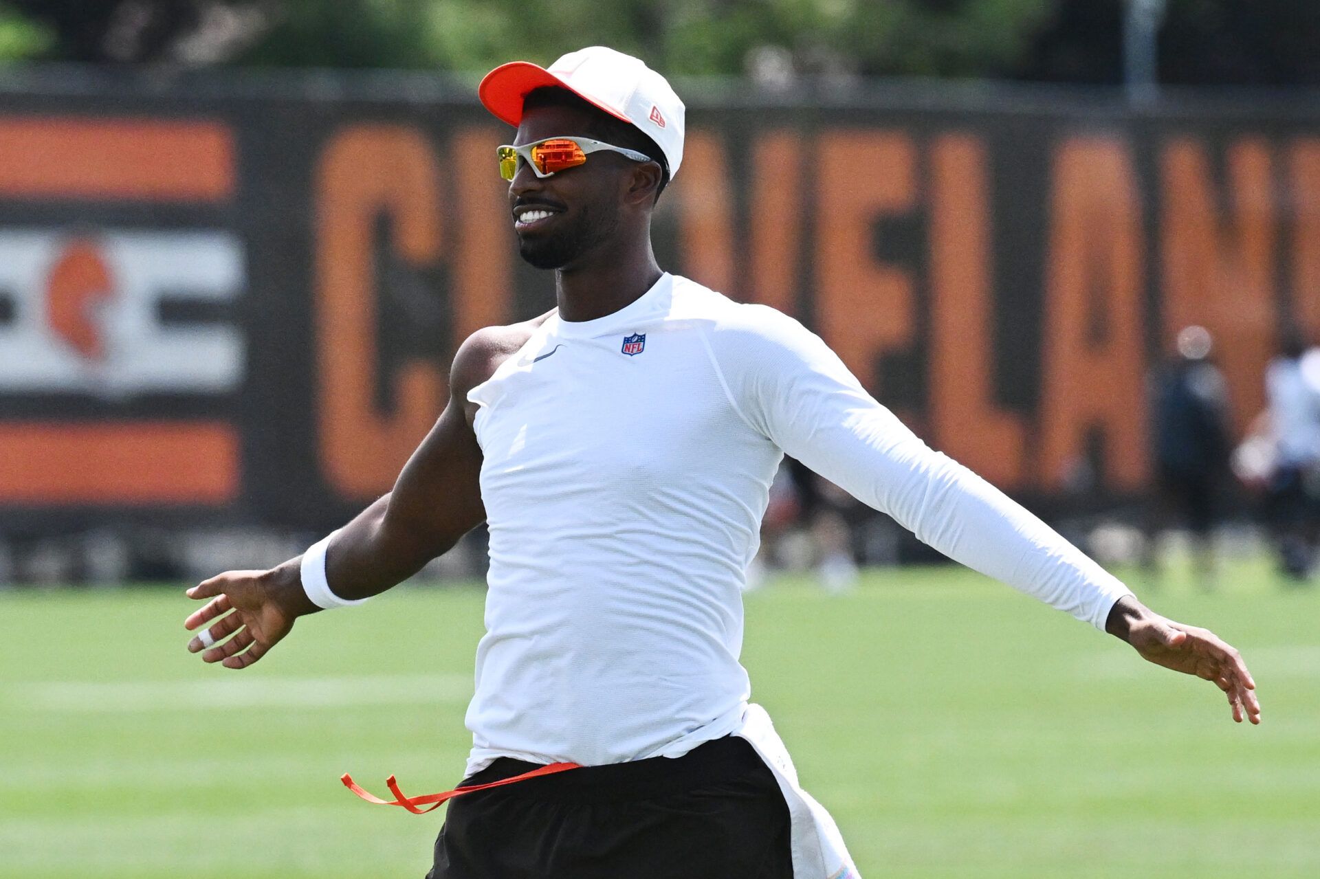 Cleveland Browns quarterback Shedeur Sanders (2) works out during training camp at CrossCountry Mortgage Campus.