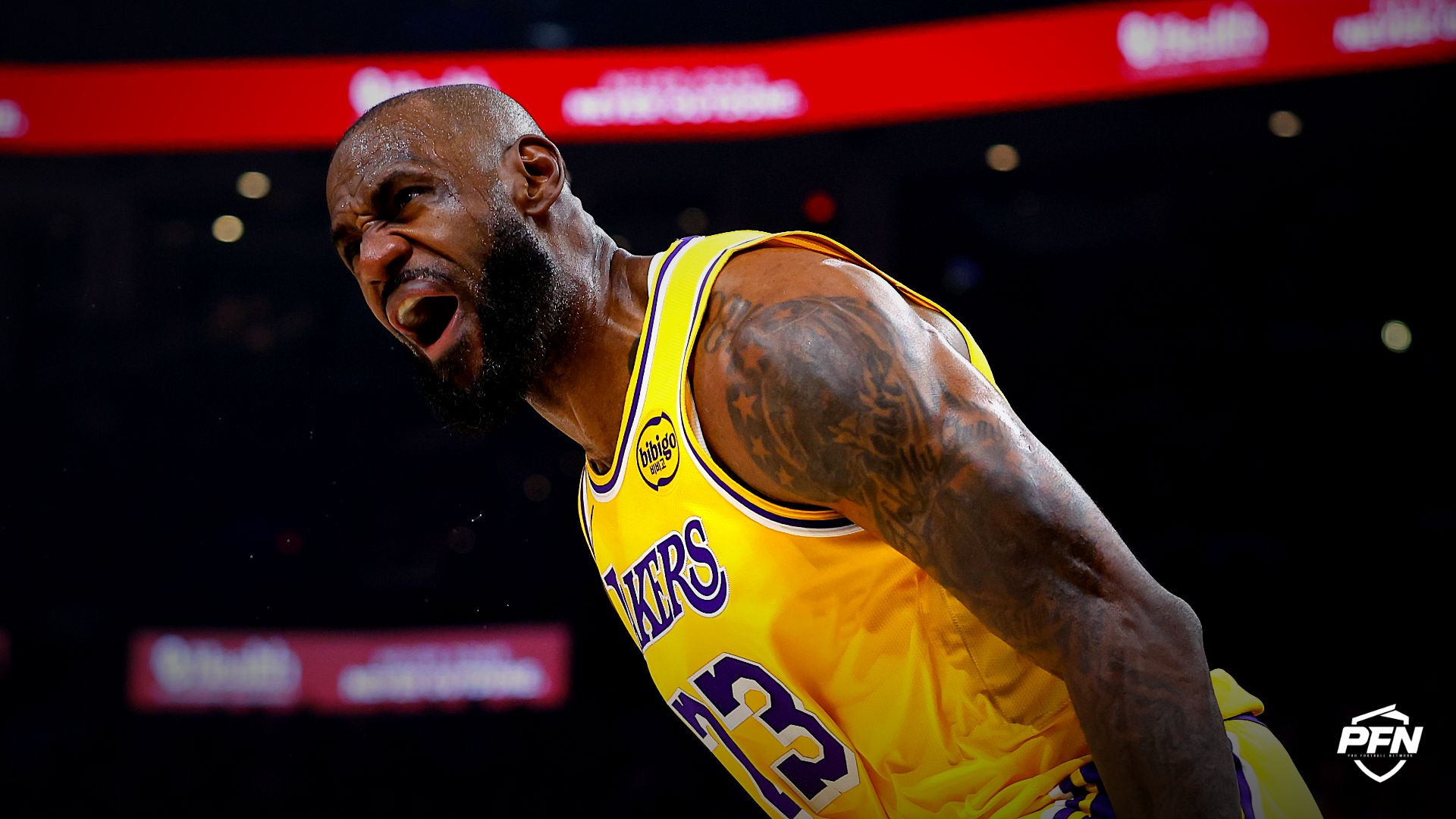 Los Angeles Lakers forward LeBron James (23) reacts after a play against the Oklahoma City Thunder in the first half during game two of the second round of the 2026 NBA Playoffs at Paycom Center.