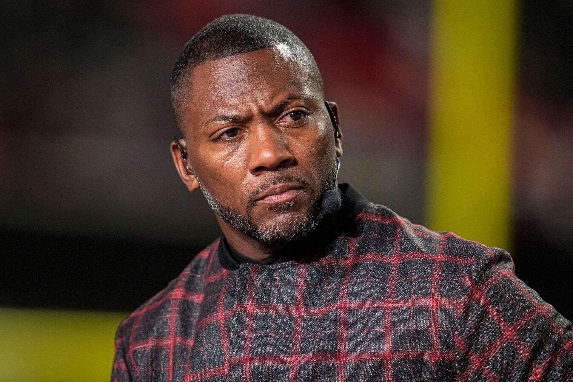 ESPN MNF broadcaster Ryan Clark shown on set prior to the game between the Los Angeles Rams against the Atlanta Falcons at Mercedes-Benz Stadium.