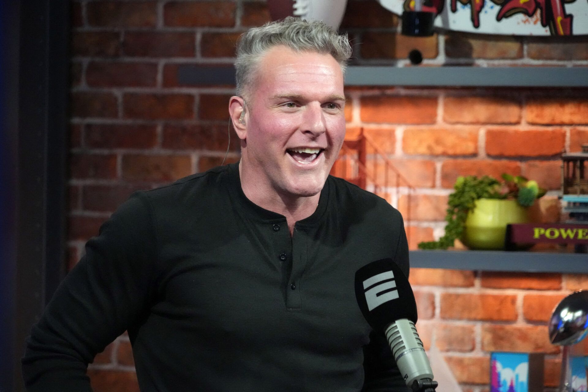 Pat McAfee on the Pat McAfee Show set at the Super Bowl LX media center at the Moscone Center.