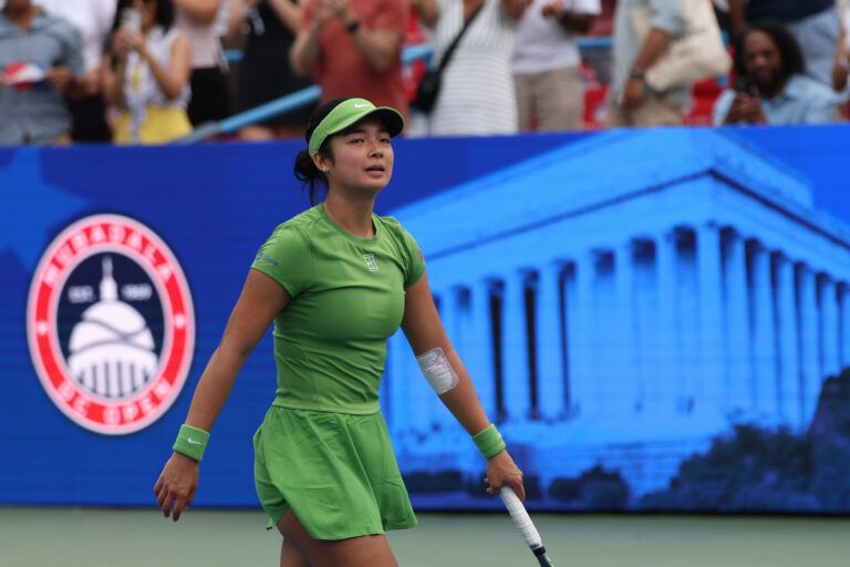 Alexandra Eala (PHI) walks to her player's box after her match against Naomi Osaka (JPN) (not pictured) in a women's singles semifinal on day six of the 2026 Mubadala DC Open at Rock Creek Park Tennis Center.
