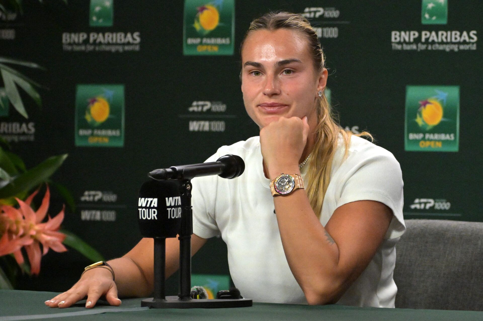 Aryna Sabalenka (BEL) speaks to the media at a news conference during the BNP Paribas Open at the Indian Wells Tennis Garden.