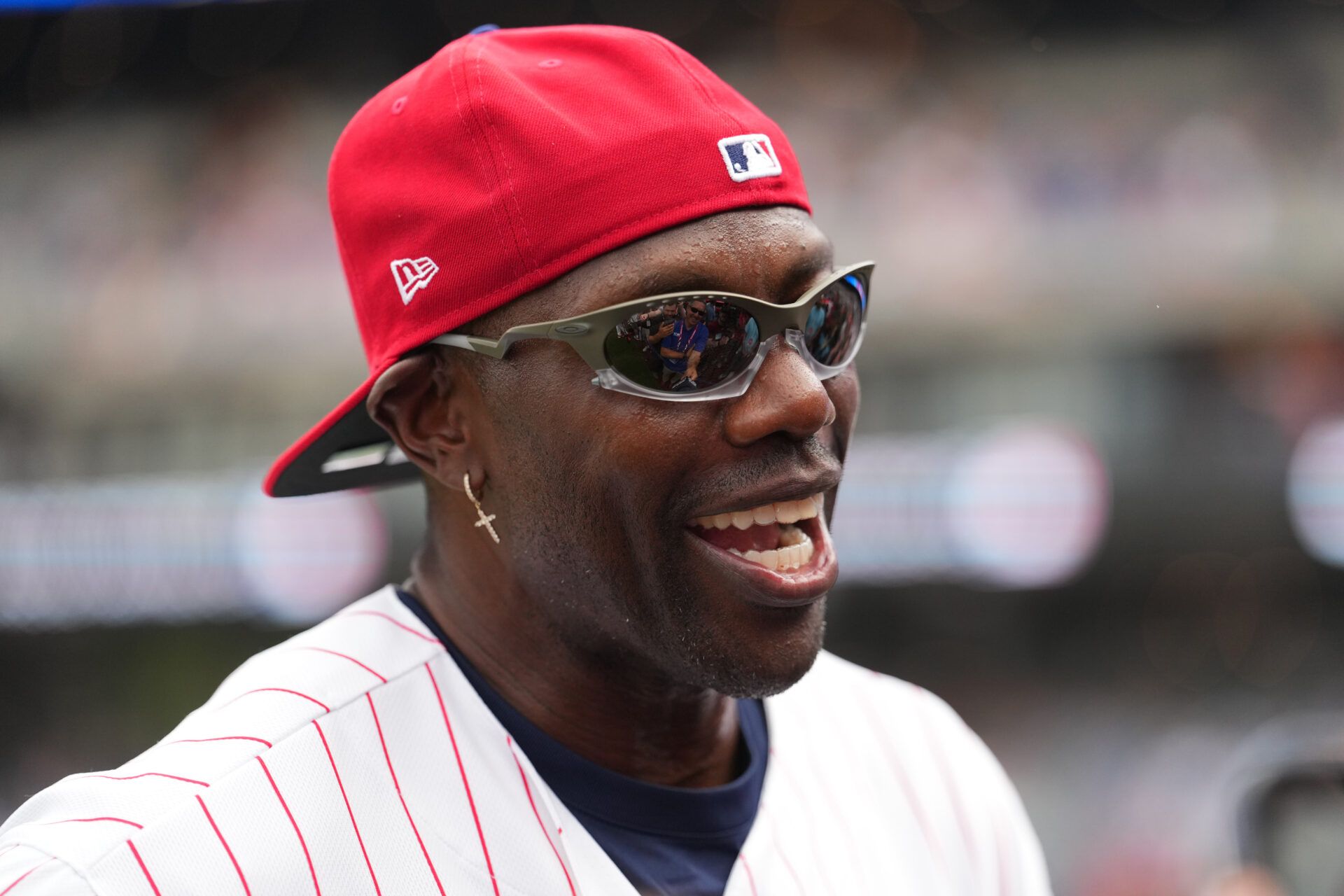 Terrell Owens interviews with media during the MLBx All-Star 3-On-3 at Citizens Bank Park.