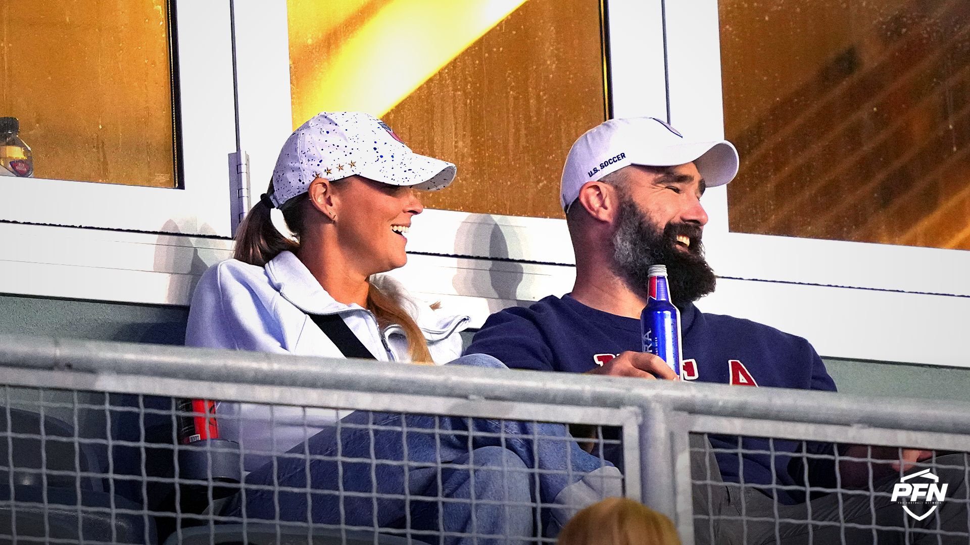 Kylie Kelce (left) and Jason Kelce (right) look on during the game between Portugal and the United States at Subaru Park.