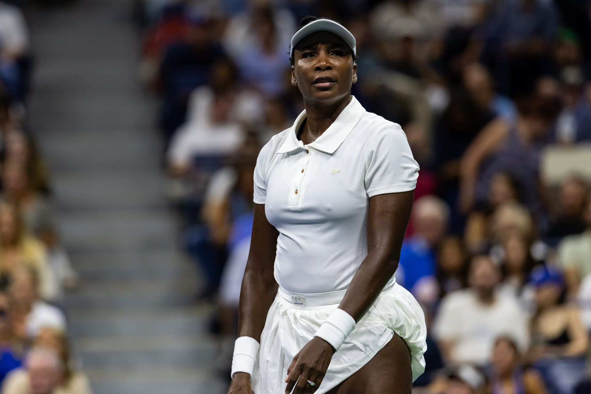 Venus Williams of the United States in action against Karolina Muchova of Czech Republic in the first round of the women’s singles at the US Open at Arthur Ashes Stadium in Billie Jean King National Tennis Centre.