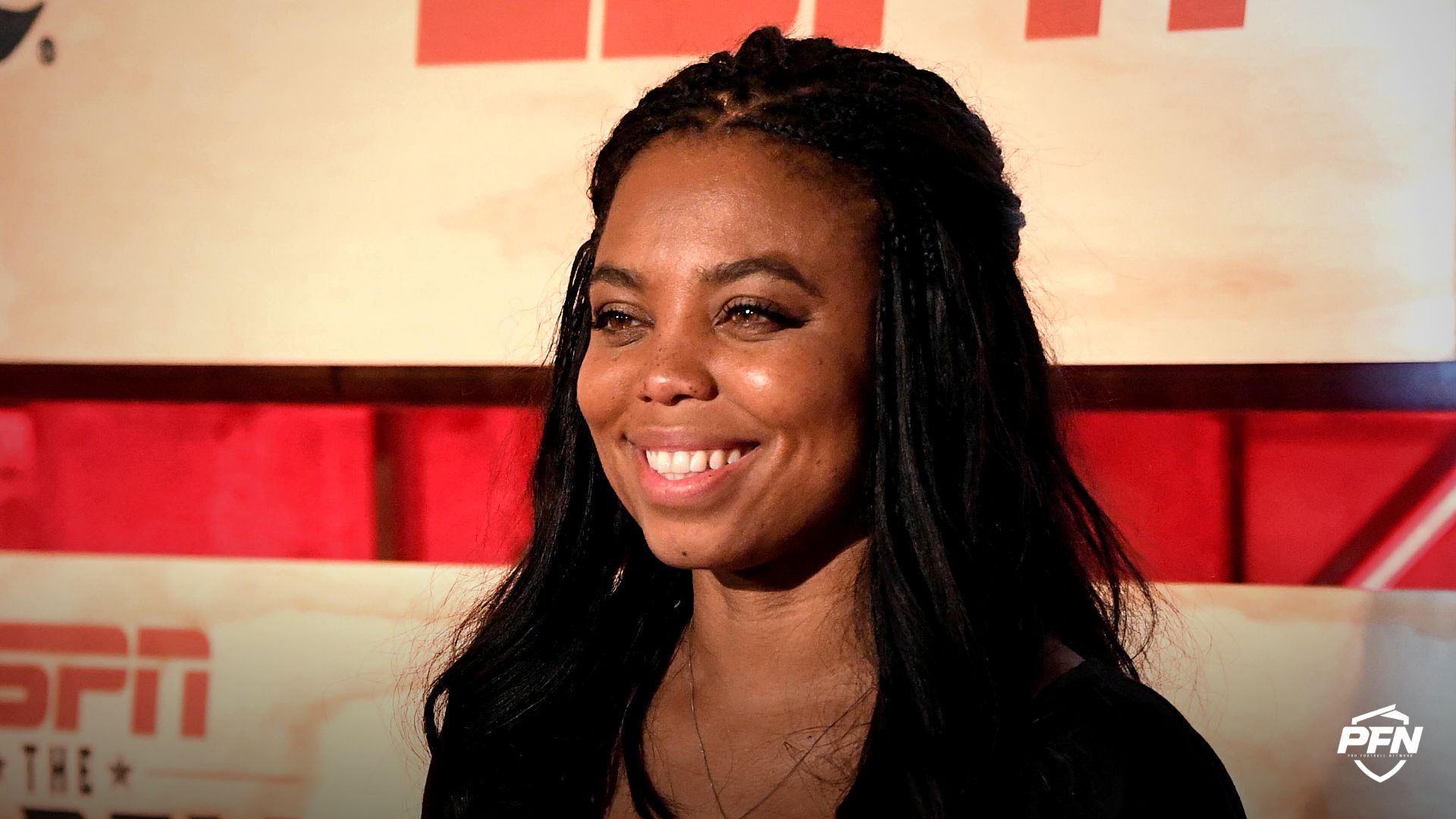 ESPN host Jemele Hill poses for a photo on the red carpet at the ESPN the Party event in the Houston arts district.
