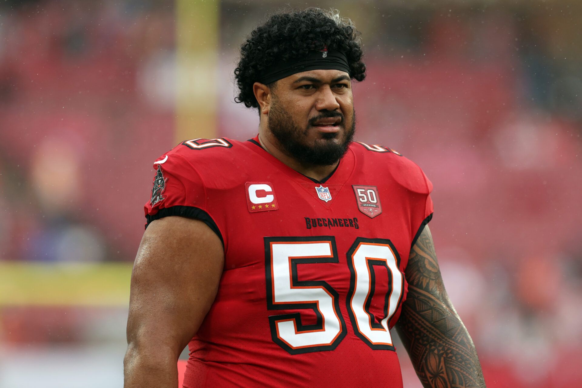 Tampa Bay Buccaneers defensive tackle Vita Vea (50) warms up before the game against the Carolina Panthers at Raymond James Stadium.