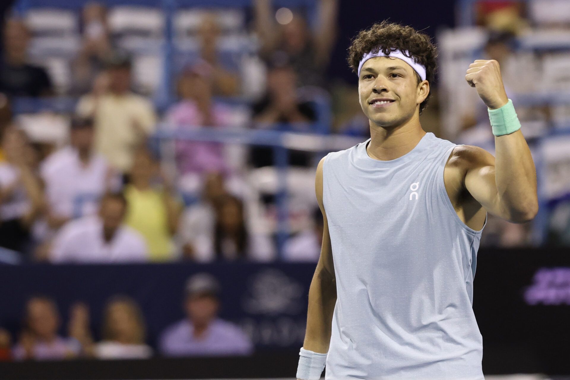 Ben Shelton (USA) celebrates after match point against Martin Damm (USA) (not pictured) on day two of the 2026 Mubadala DC Open at Rock Creek Park Tennis Center.
