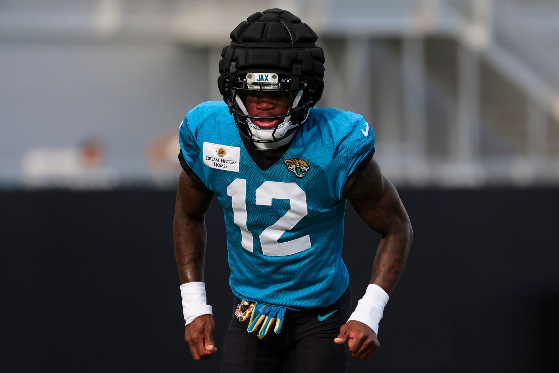 Jacksonville Jaguars wide receiver/cornerback Travis Hunter (12) works on footwork during the fifth day of NFL training camp at the Miller Electric Center on Monday, Aug. 3, 2026, in Jacksonville, Fla. Today marked the first full?pads practice. [Corey Perrine/Florida Times-Union]