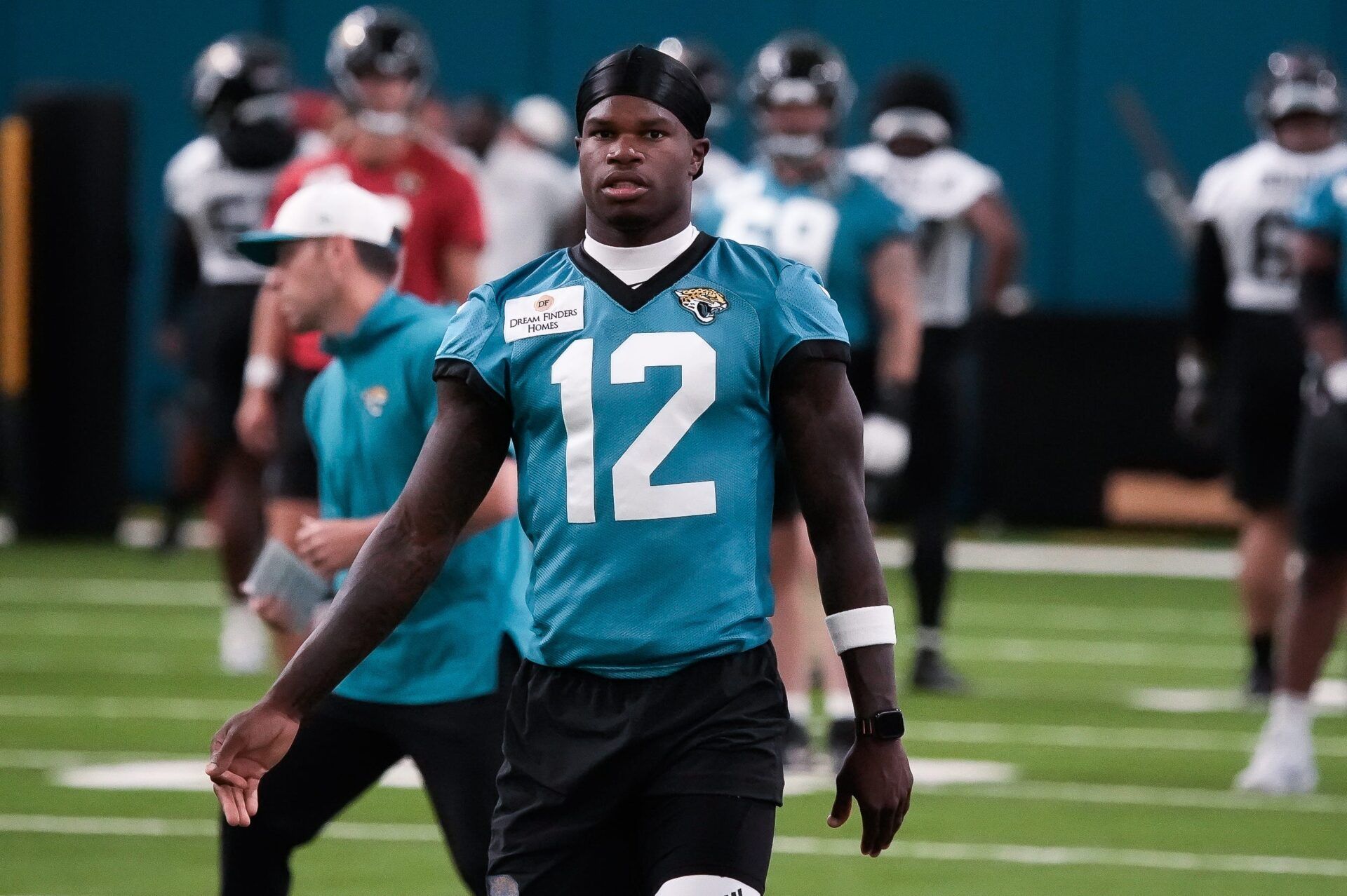 Jacksonville Jaguars Cornerback/Wide Receiver Travis Hunter (12) walks on the field during the second day of NFL Training Camp at the Miller Electric Center on Thursday, July 30, 2026, in Jacksonville, Fla. [Doug Engle/Florida Times-Union]