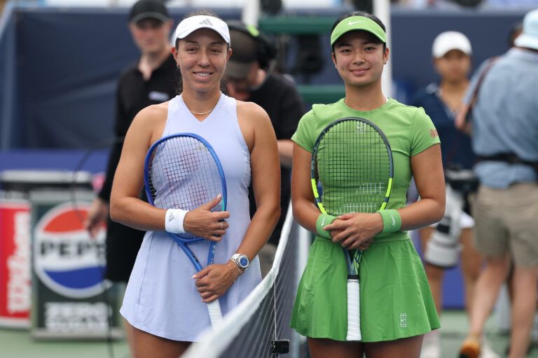 Jessica Pegula (USA) (L) and Alexandra Eala (PHI) (R) pose at the net prior to their women's singles final of the 2026 Mubadala DC Open at Rock Creek Park Tennis Center.