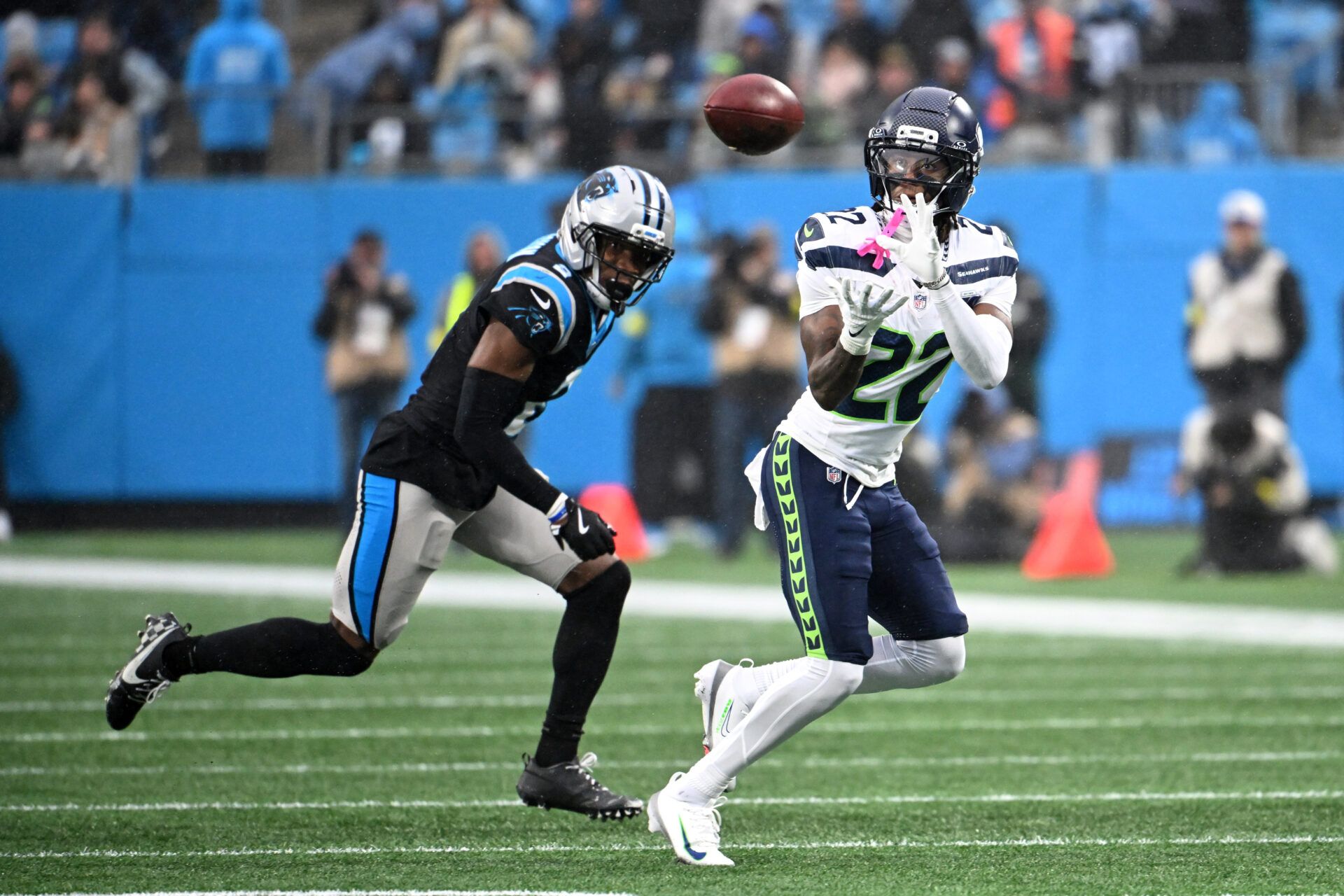 Seattle Seahawks wide receiver Rashid Shaheed (22) catches a pass against Carolina Panthers cornerback Mike Jackson (2) during the first quarter at Bank of America Stadium.