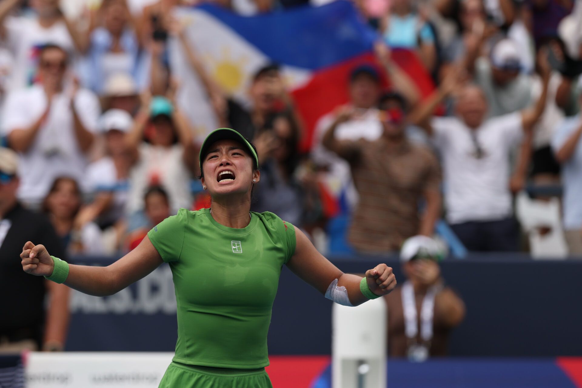 Alexandra Eala (PHI) celebrates after her match against Jessica Pegula (USA) (not pictured) in the women's singles final of the 2026 Mubadala DC Open at Rock Creek Park Tennis Center.