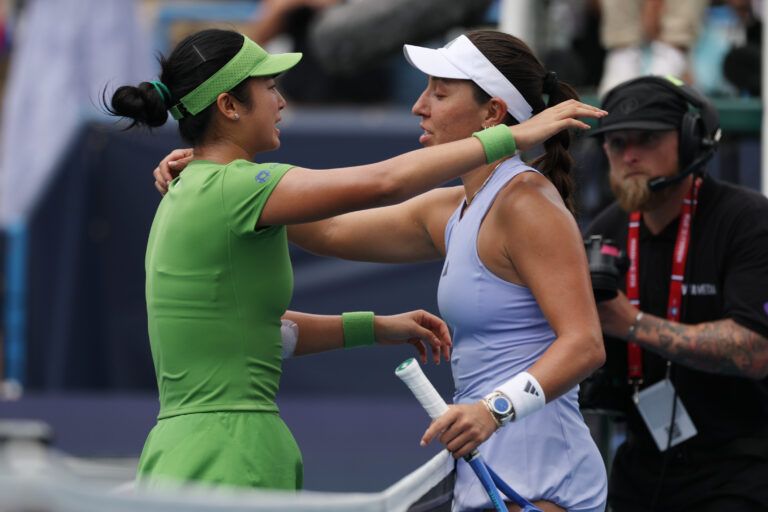 Alexandra Eala (PHI) (L) hugs Jessica Pegula (USA) (R) at the net after their women's singles final of the 2026 Mubadala DC Open at Rock Creek Park Tennis Center.