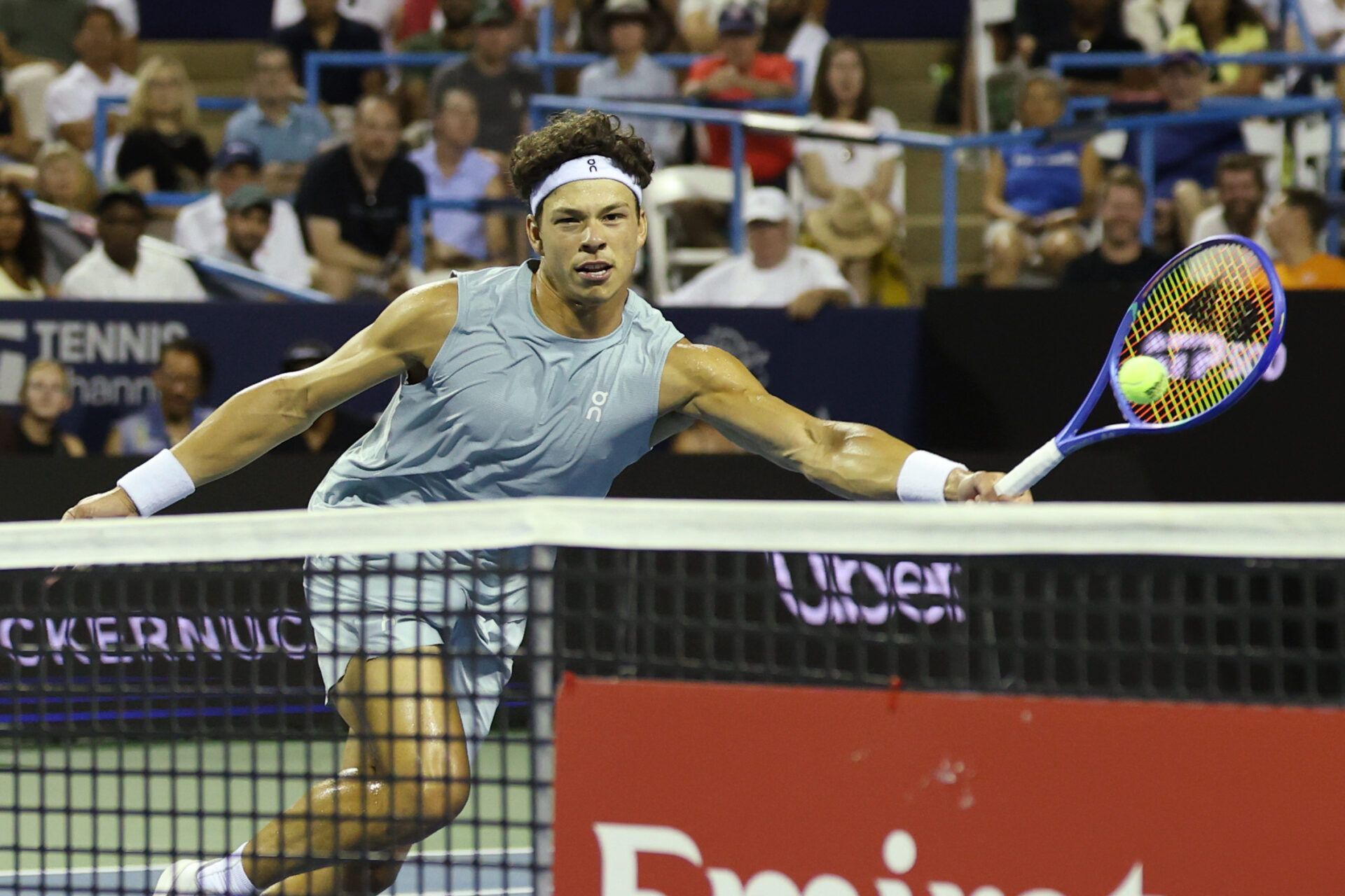 Ben Shelton (USA) hits a volley against Alejandro Tabilo (CHI) (not pictured) during a men's singles quarterfinal on day five of the 2026 Mubadala DC Open at Rock Creek Park Tennis Center.