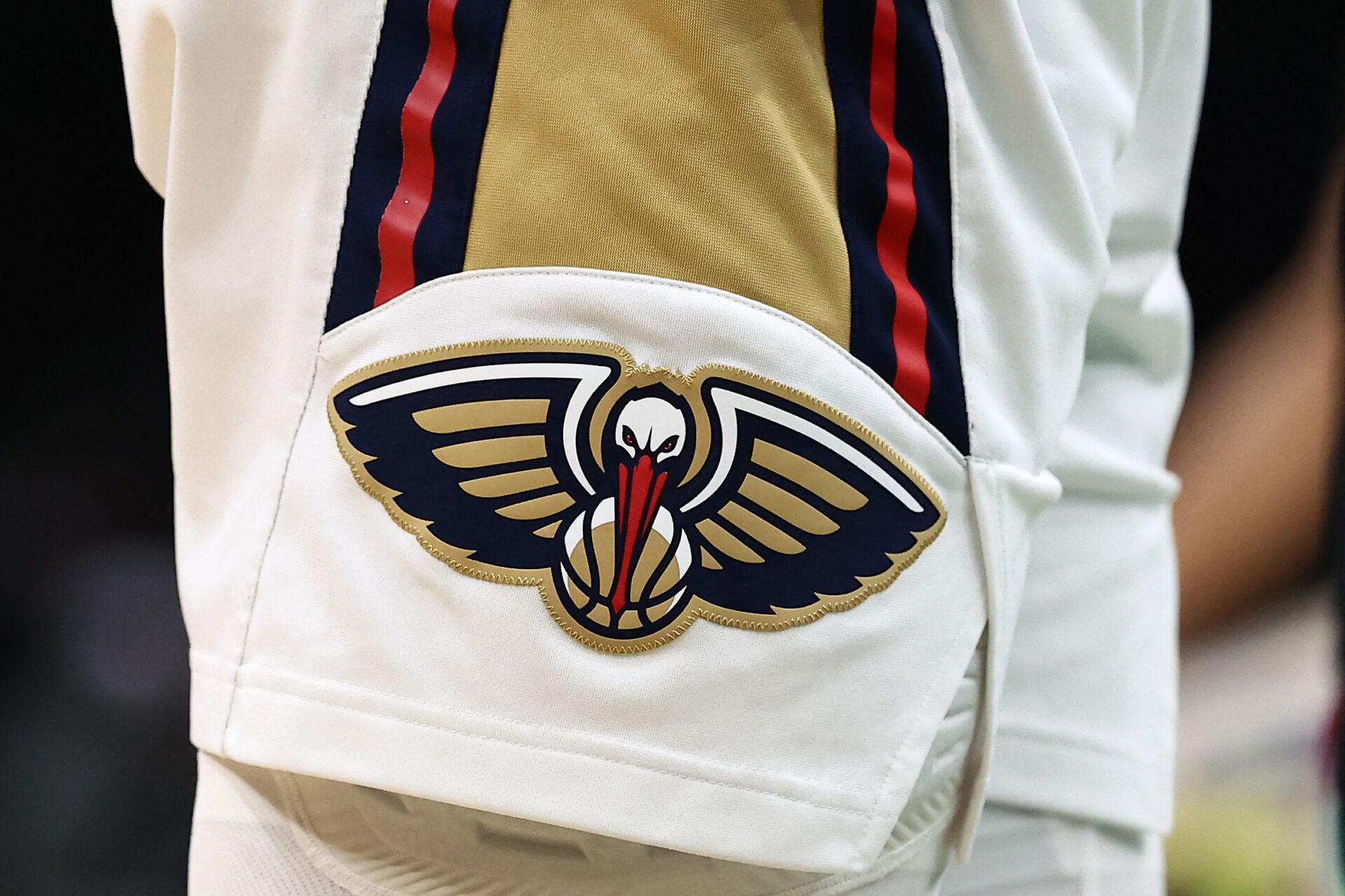 The logo of the New Orleans Pelicans is seen during the second half of the game against the Boston Celtics at TD Garden.