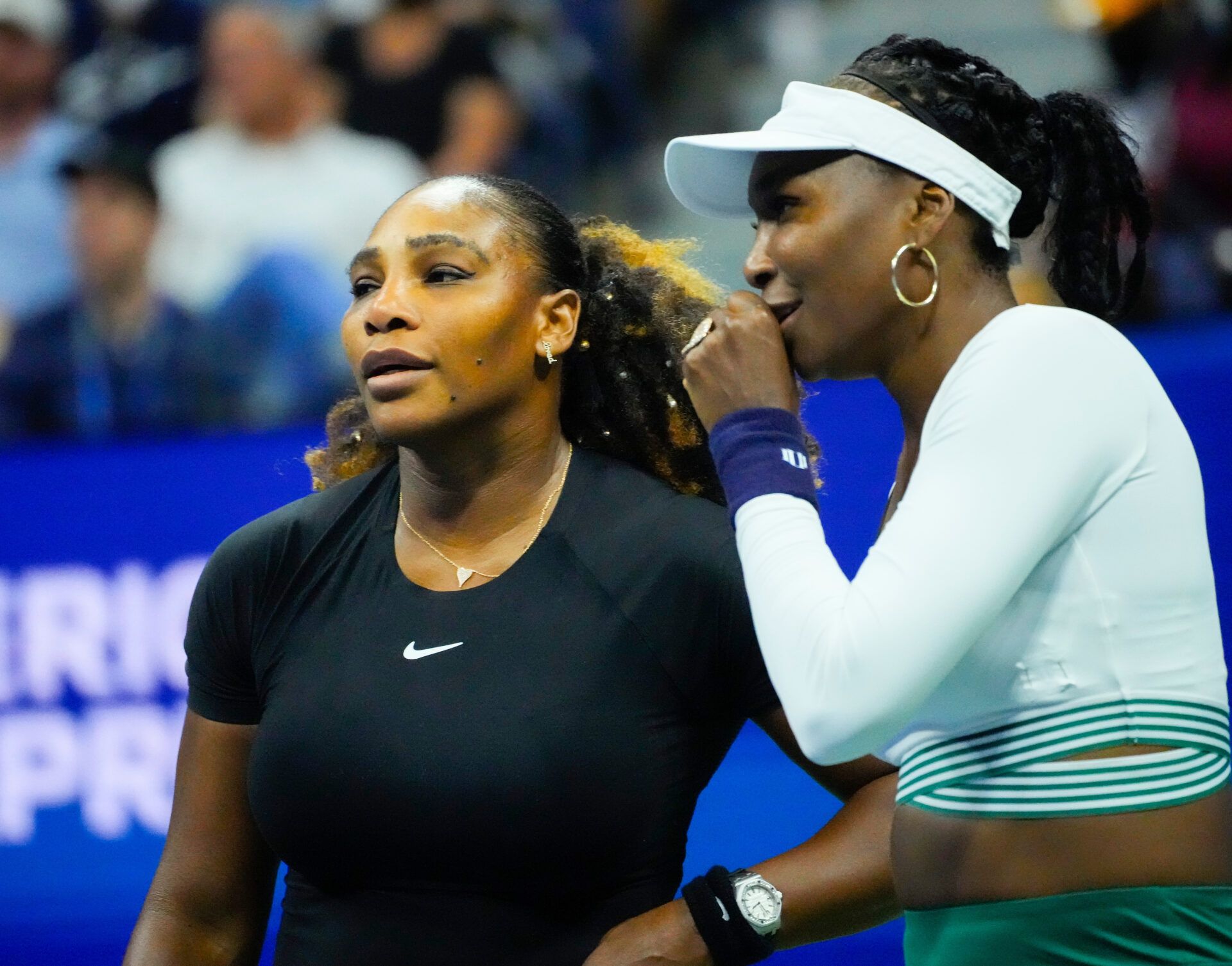 Serena Williams and Venus Williams of the USA play Lucie Hradecka and Linda Noskova of the Czech Republic in Woman's Doubles on day four of the 2022 U.S. Open tennis tournament at USTA Billie Jean King National Tennis Center.
