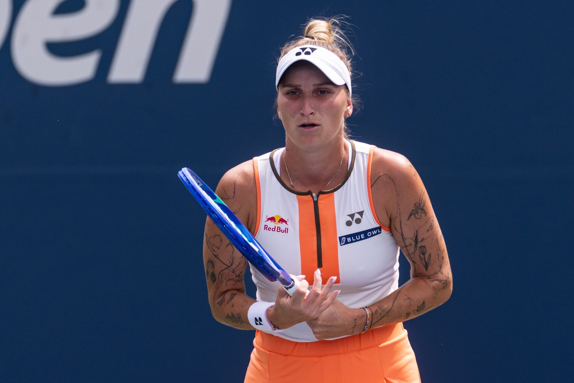 Marketa Vondrousova of Czech Republic in action against Jasmine Paolini of Italy in the third round of the womens singles at the US Open at Billie Jean King National Tennis Center.