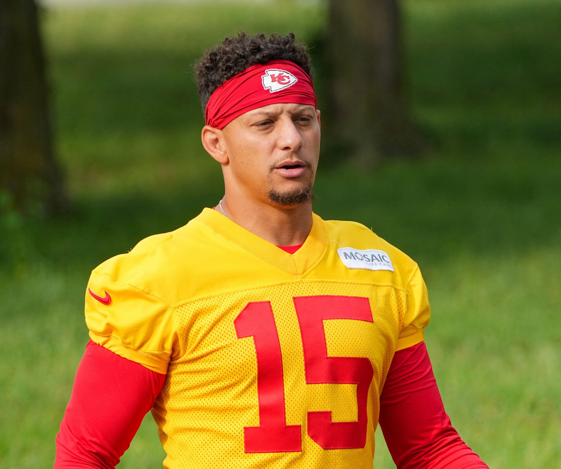 Kansas City Chiefs quarterback Patrick Mahomes (15) walks down the hill to the fields prior to training camp at Missouri Western State University.