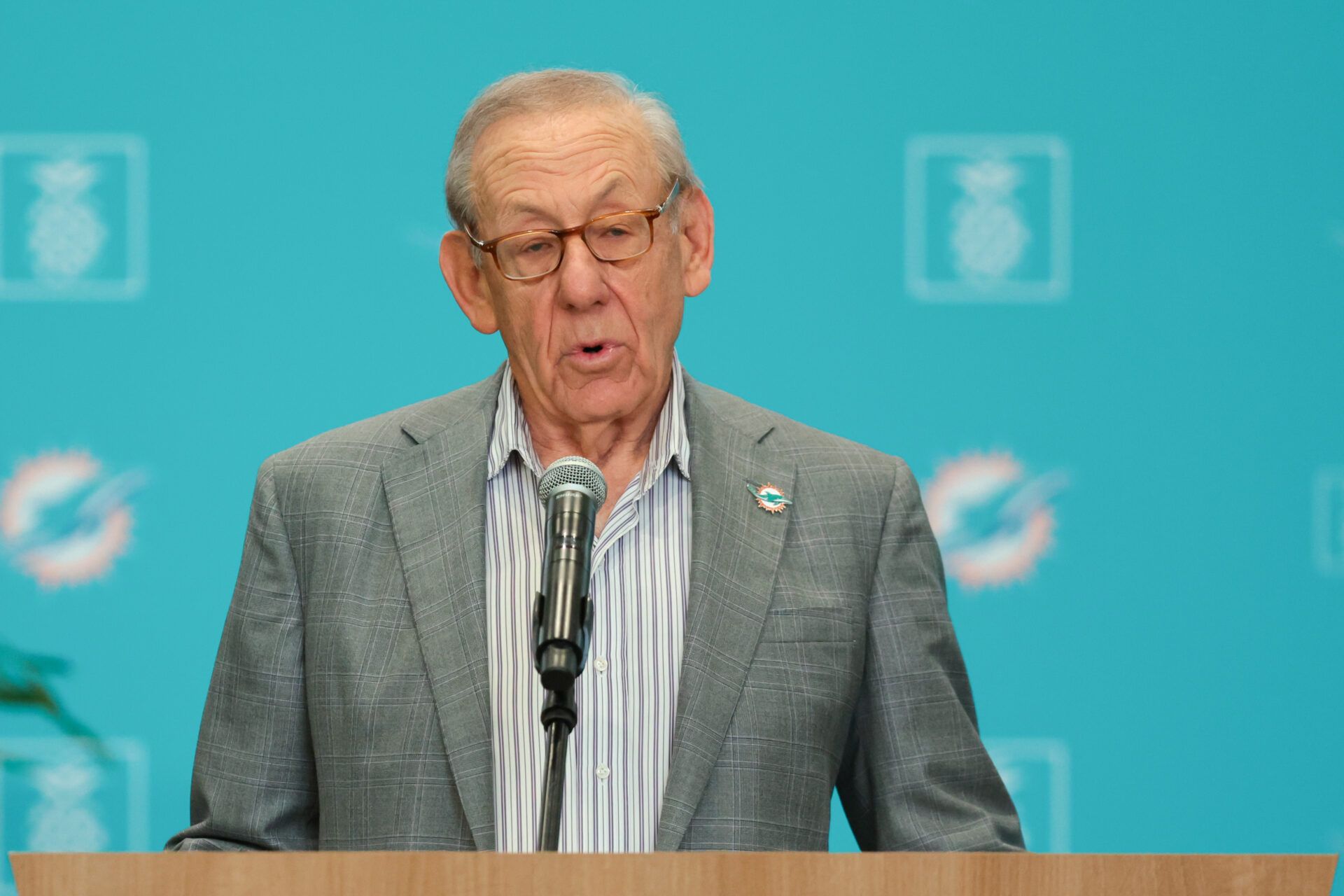 Miami Dolphins owner Stephen Ross speaks to reporters during an introductory press conference for the team new head coach Jeff Hafley (not pictured) and general manager Jon-Eric Sullivan (not pictured) at Baptist Health Training Complex.