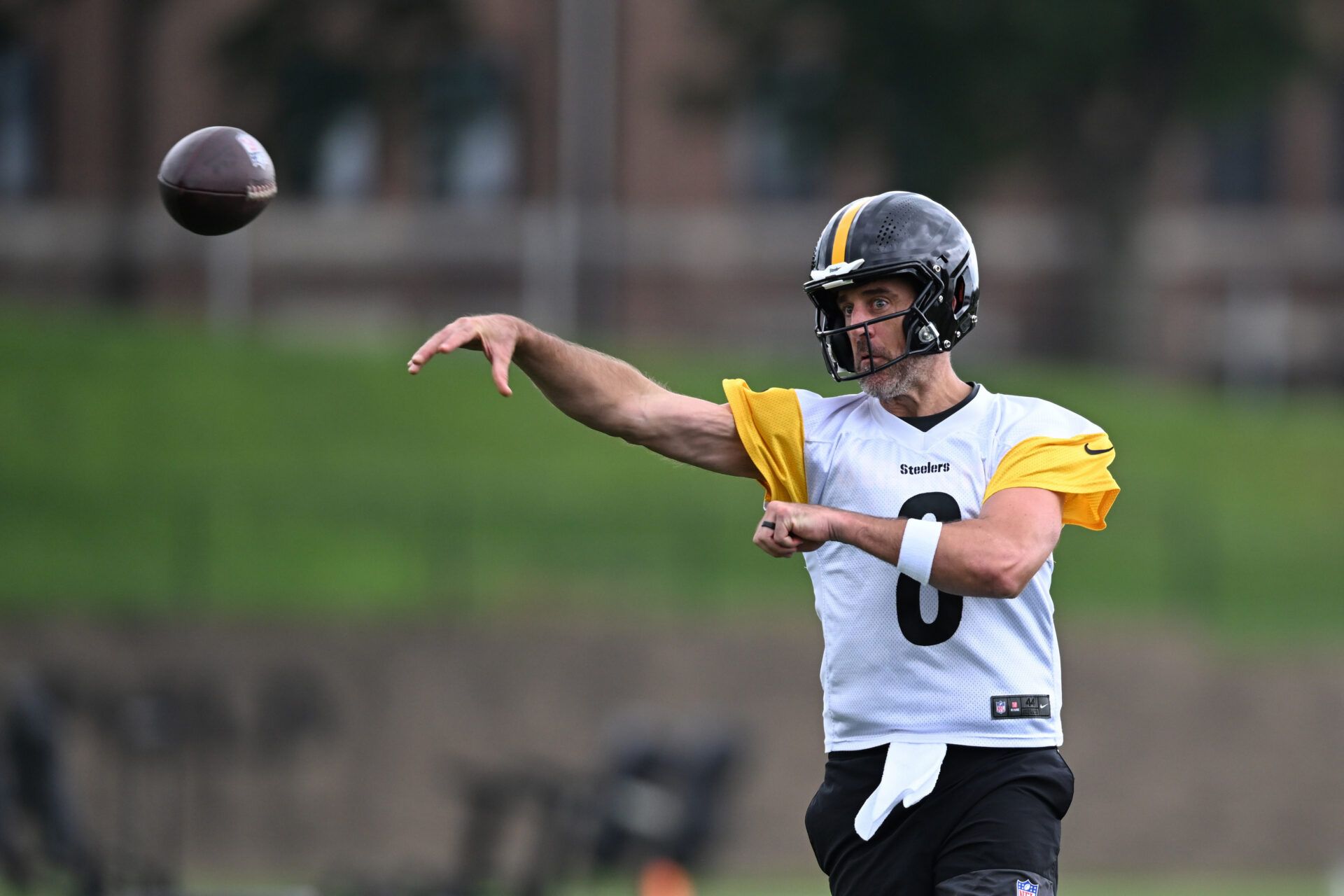 Pittsburgh Steelers quarterback Aaron Rodgers (8) throws a pass at training camp at Saint Vincent College.