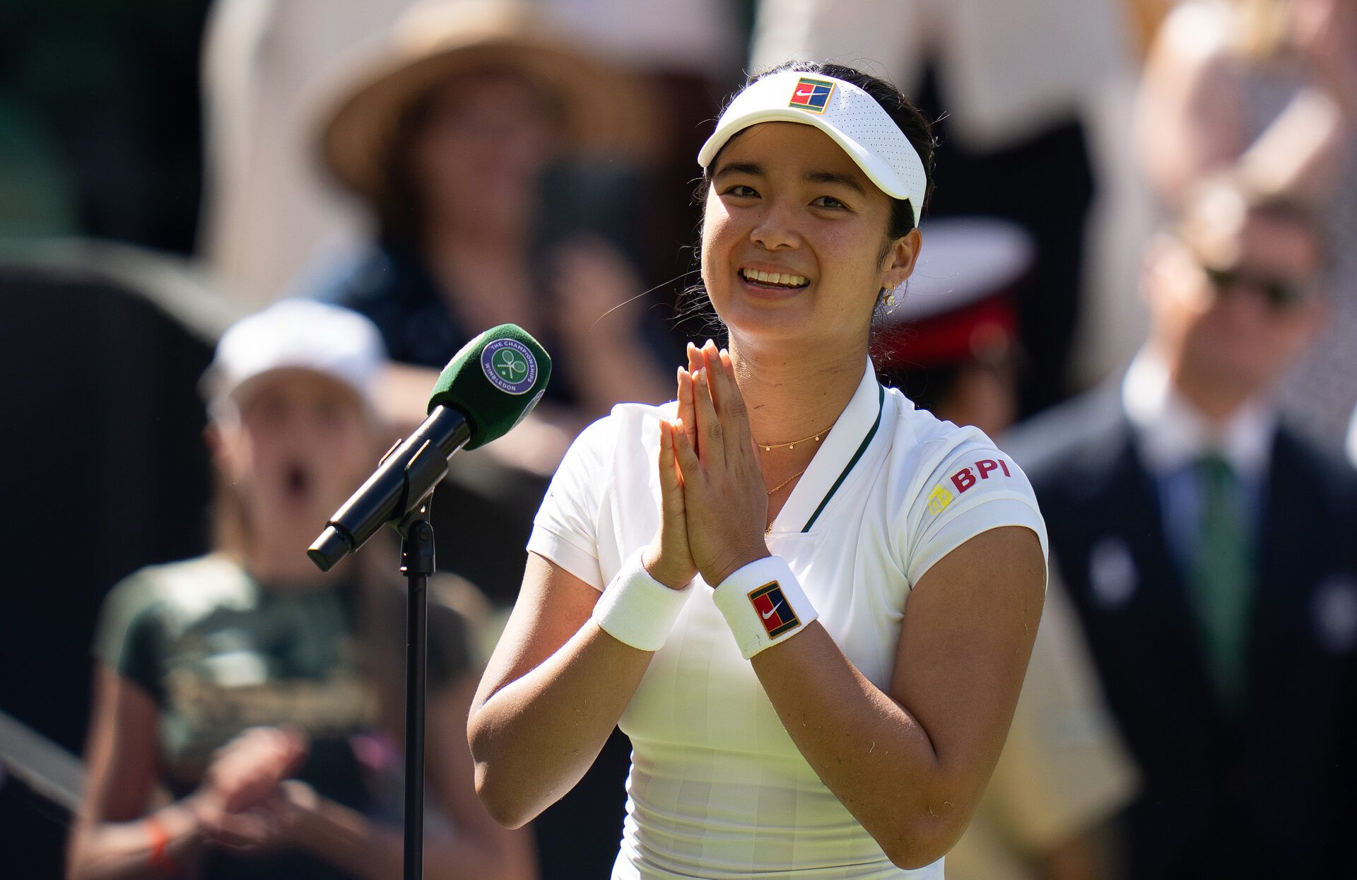 Alexandra Eala of the Philippinesr at the on court interview after winning her match against Iga Swiatek of Poland on day six at All England Lawn Tennis and Croquet Club.