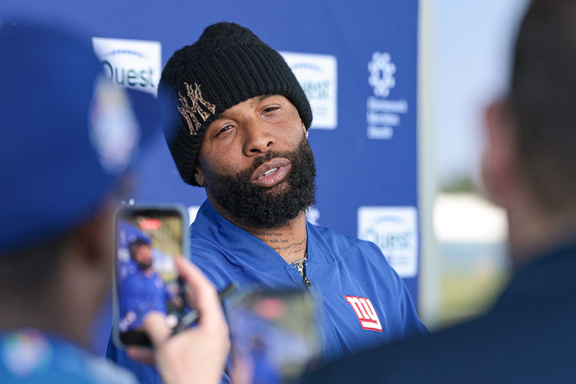 New York Giants wide receiver Odell Beckham Jr. (3) talks with media after organized team activities at Quest Diagnostics Training Center.