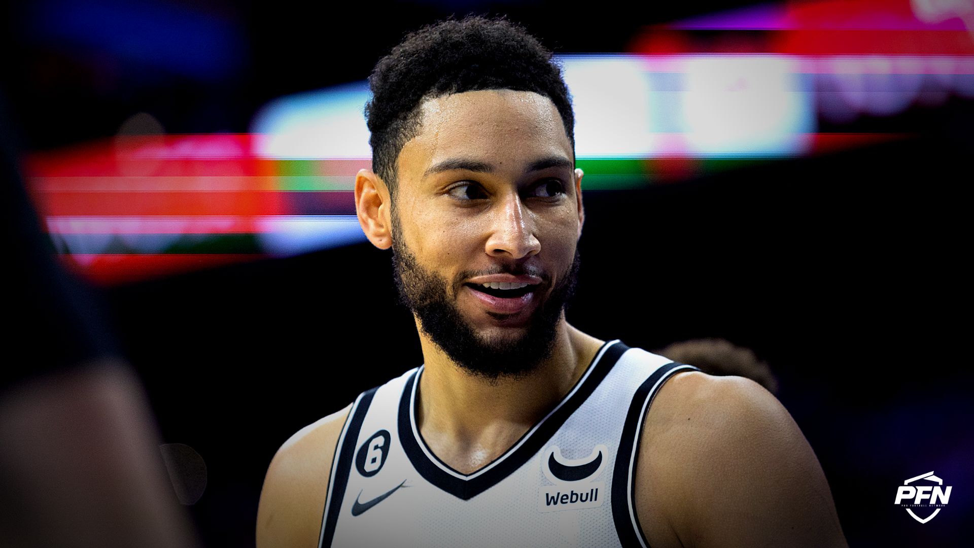 Brooklyn Nets guard Ben Simmons (10) smiles in the direction of fans during the fourth quarter against the Philadelphia 76ers at Wells Fargo Center.