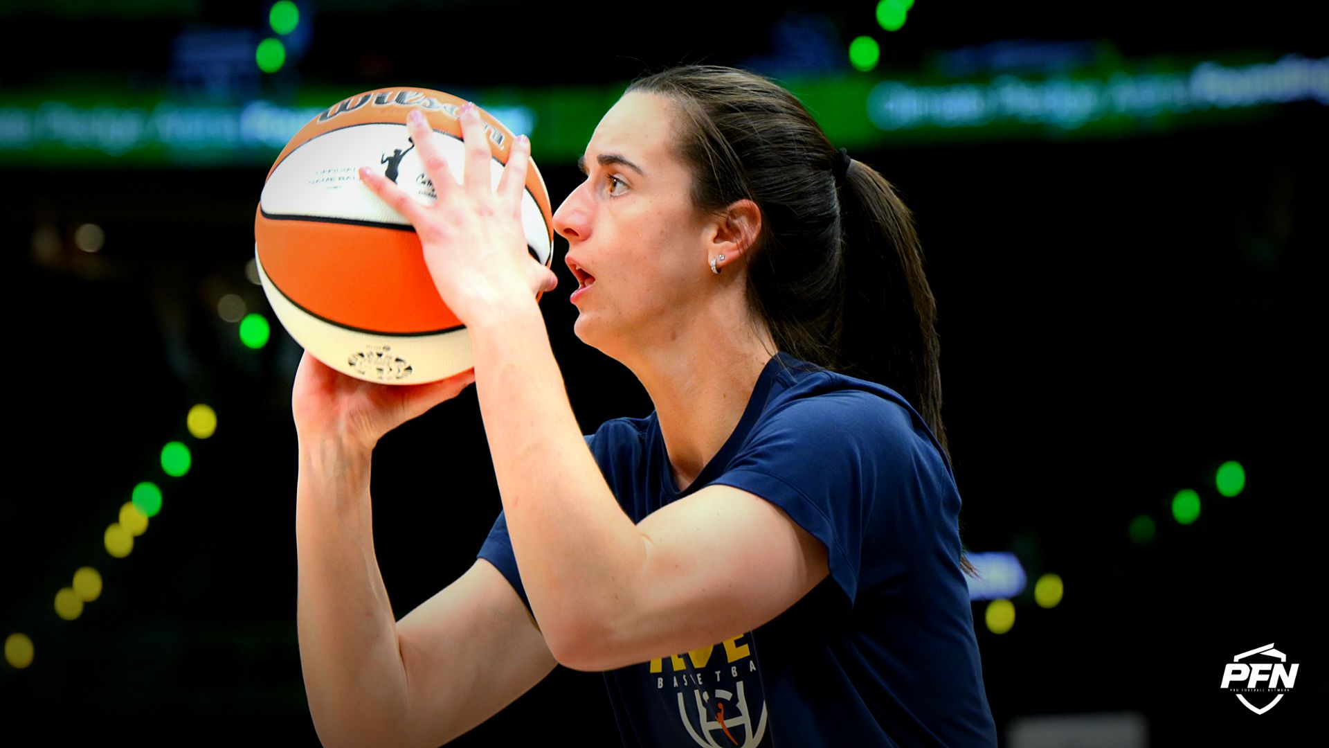 Indiana Fever guard Caitlin Clark (22) during warmups before the game against the Seattle Storm at Climate Pledge Arena.