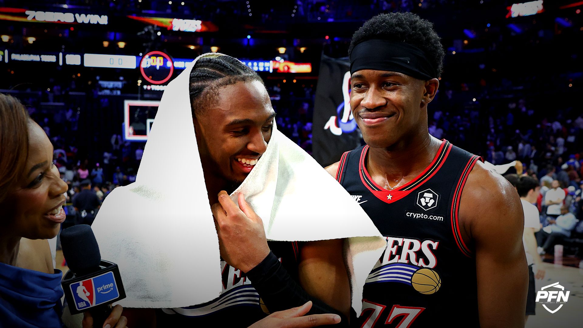 Philadelphia 76ers guard Tyrese Maxey (0) celebrates with guard Vj Edgecombe (77) after a win against the Orlando Magic in a play-in round of the 2026 NBA Playoffs at Xfinity Mobile Arena.