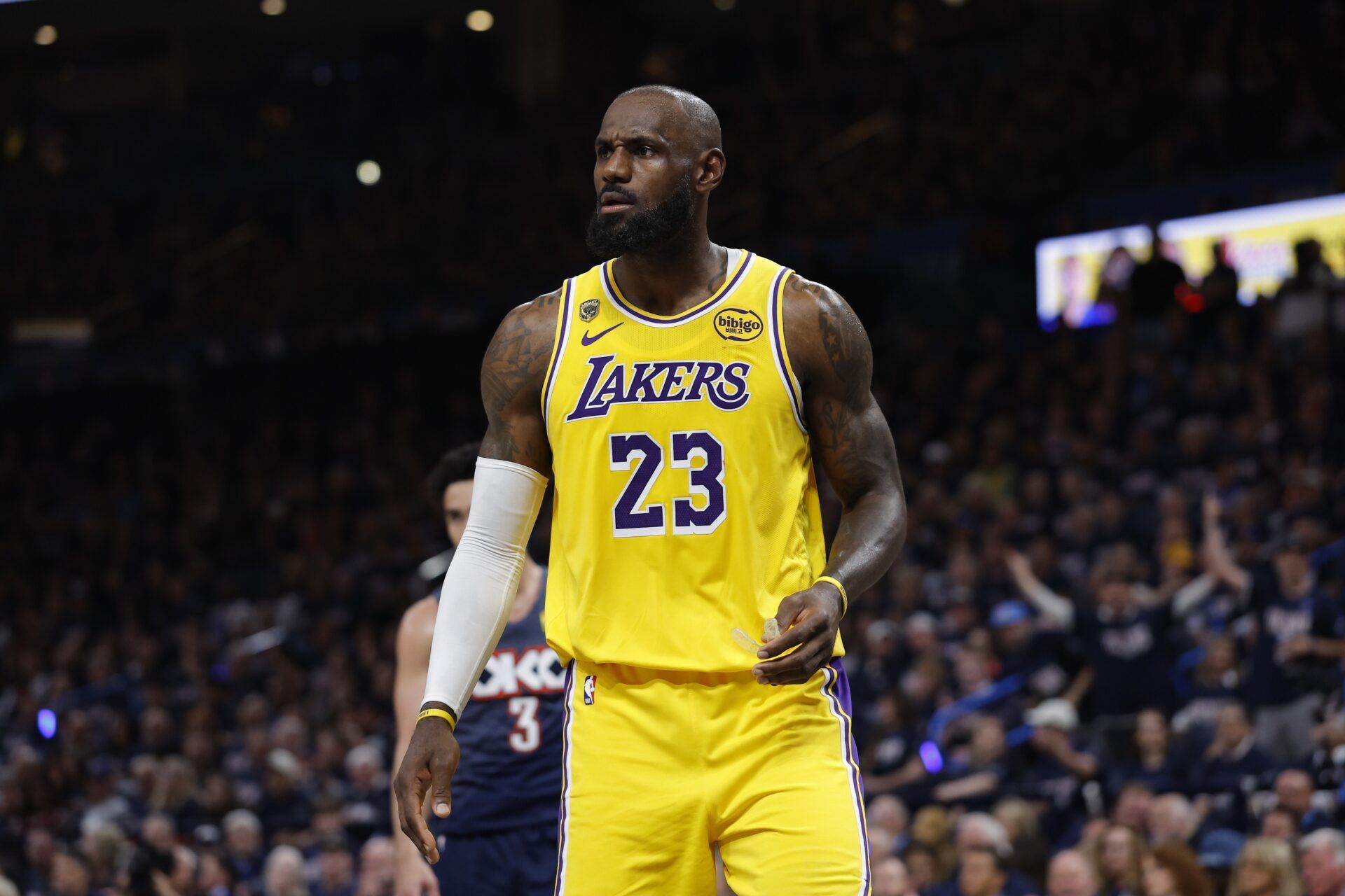Los Angeles Lakers forward LeBron James (23) reacts after a play against the Oklahoma City Thunder in the second half during game two of the second round of the 2026 NBA Playoffs at Paycom Center.