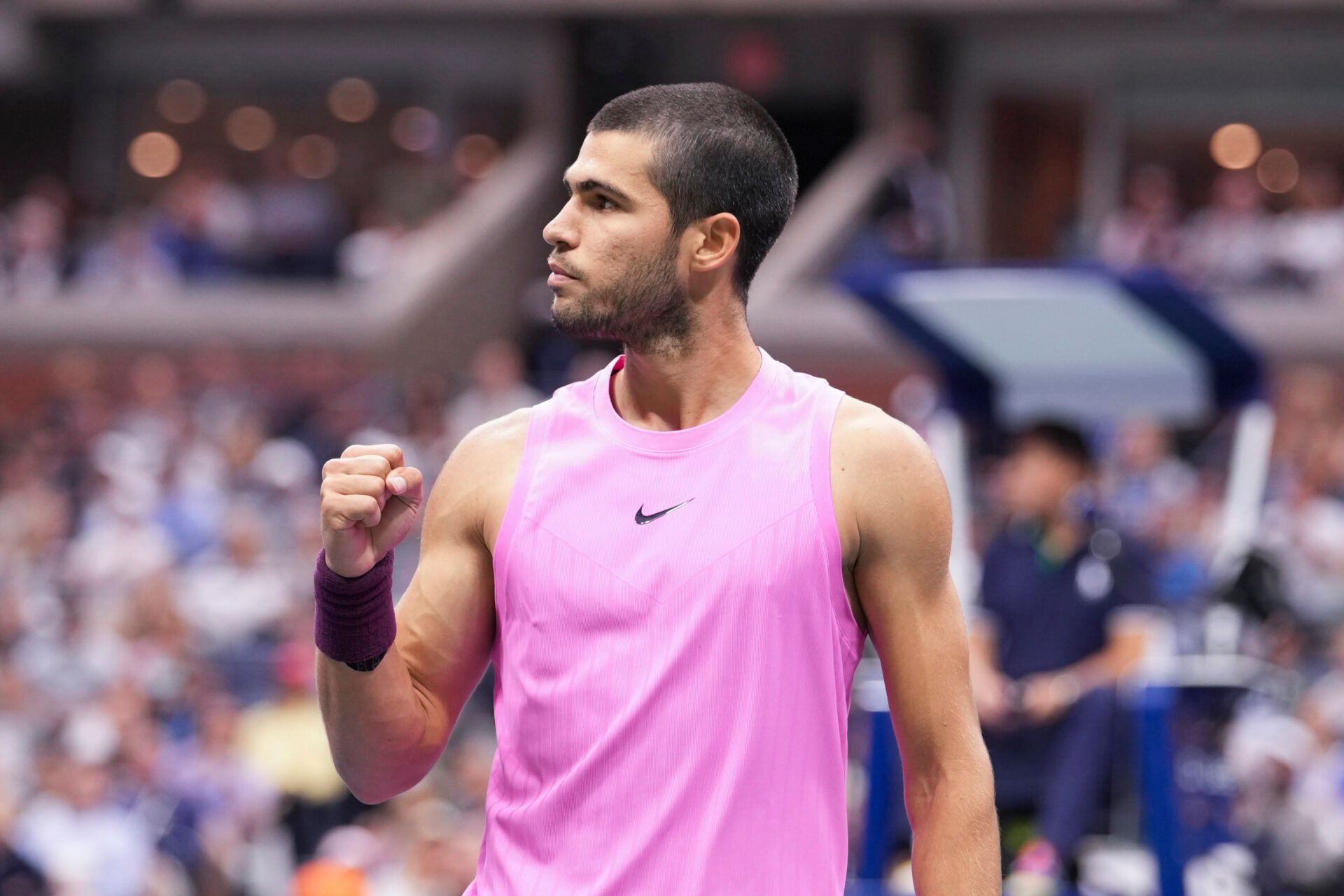 Carlos Alcaraz (ESP) reacts against Jannik Sinner (ITA) (not pictured) during the final of mens singles at Billie Jean King National Tennis Center.