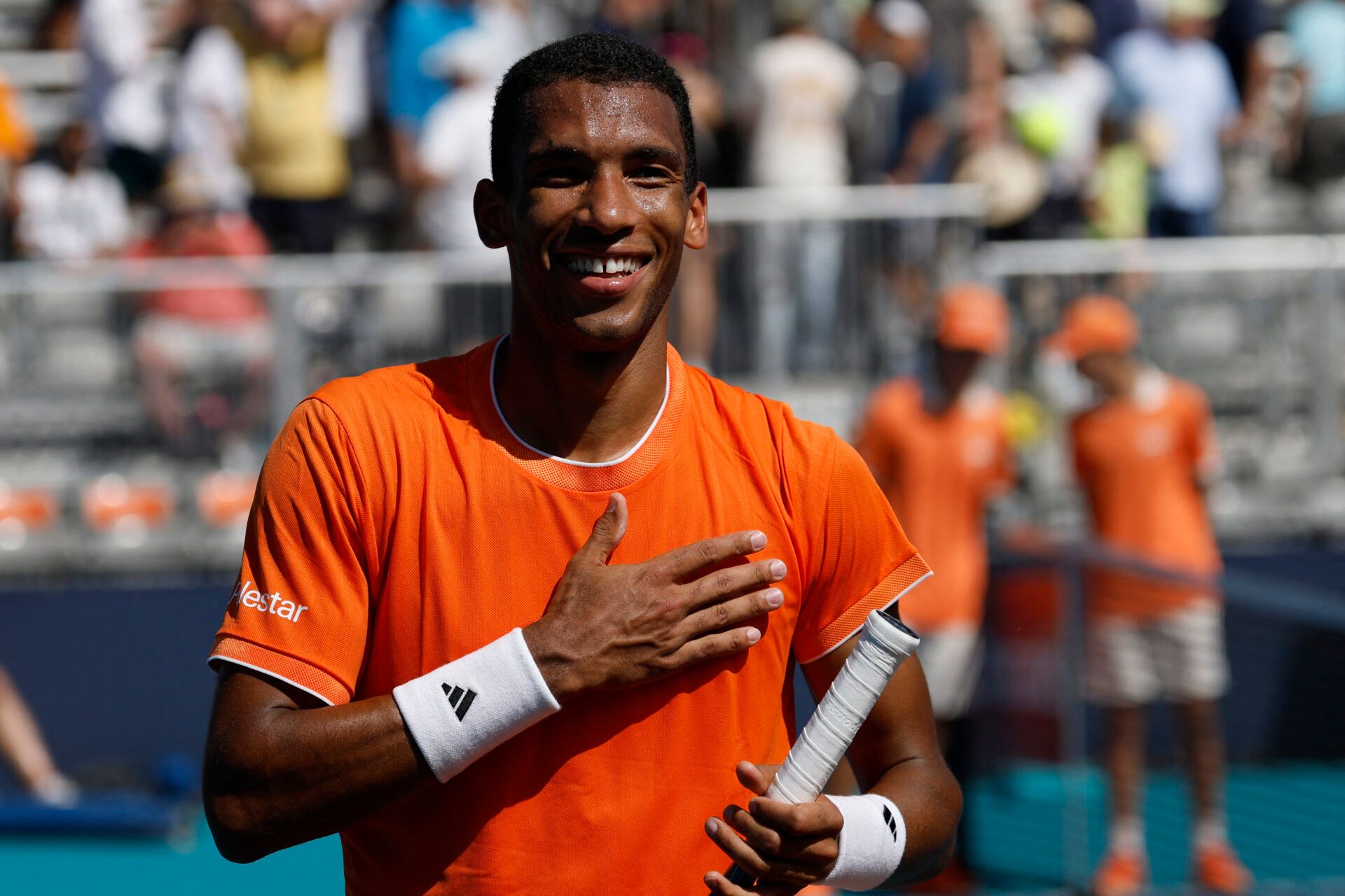 Felix Auger-Aliassime (CAN) gestures to fans after his match against Marton Fucsovics (HUN) (not pictured) on day five of the 2026 Miami Open at Hard Rock Stadium.
