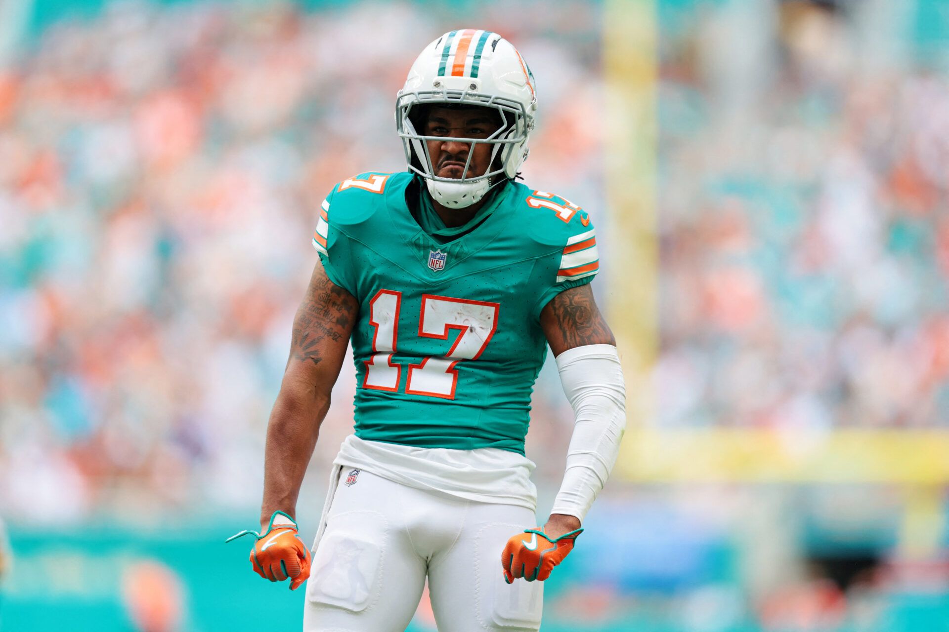 Miami Dolphins wide receiver Jaylen Waddle (17) reacts during the second quarter against the Cincinnati Bengals at Hard Rock Stadium.
