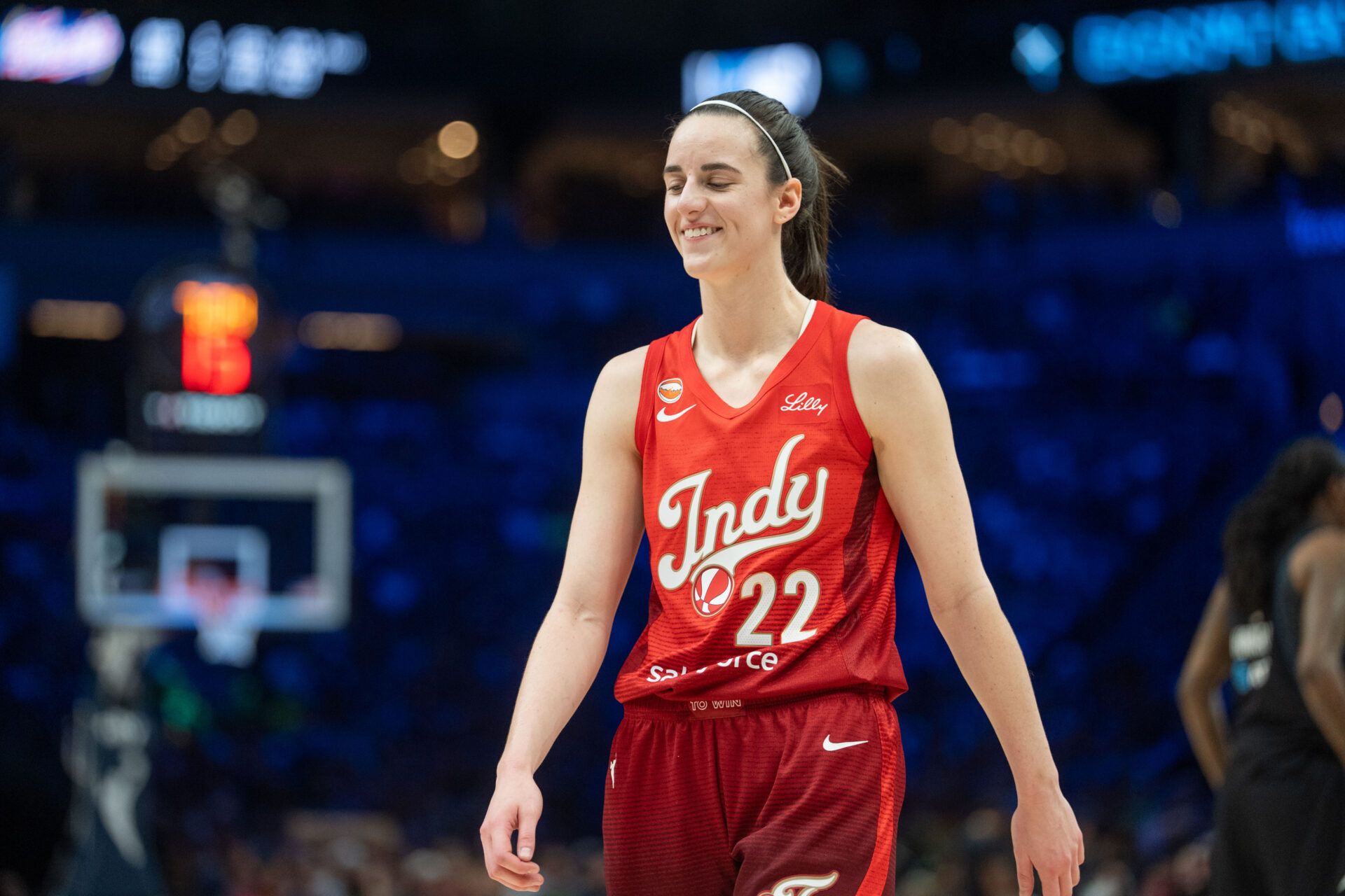 Indiana Fever guard Caitlin Clark (22) reacts to a play against the Minnesota Lynx in the second quarter at Target Center.