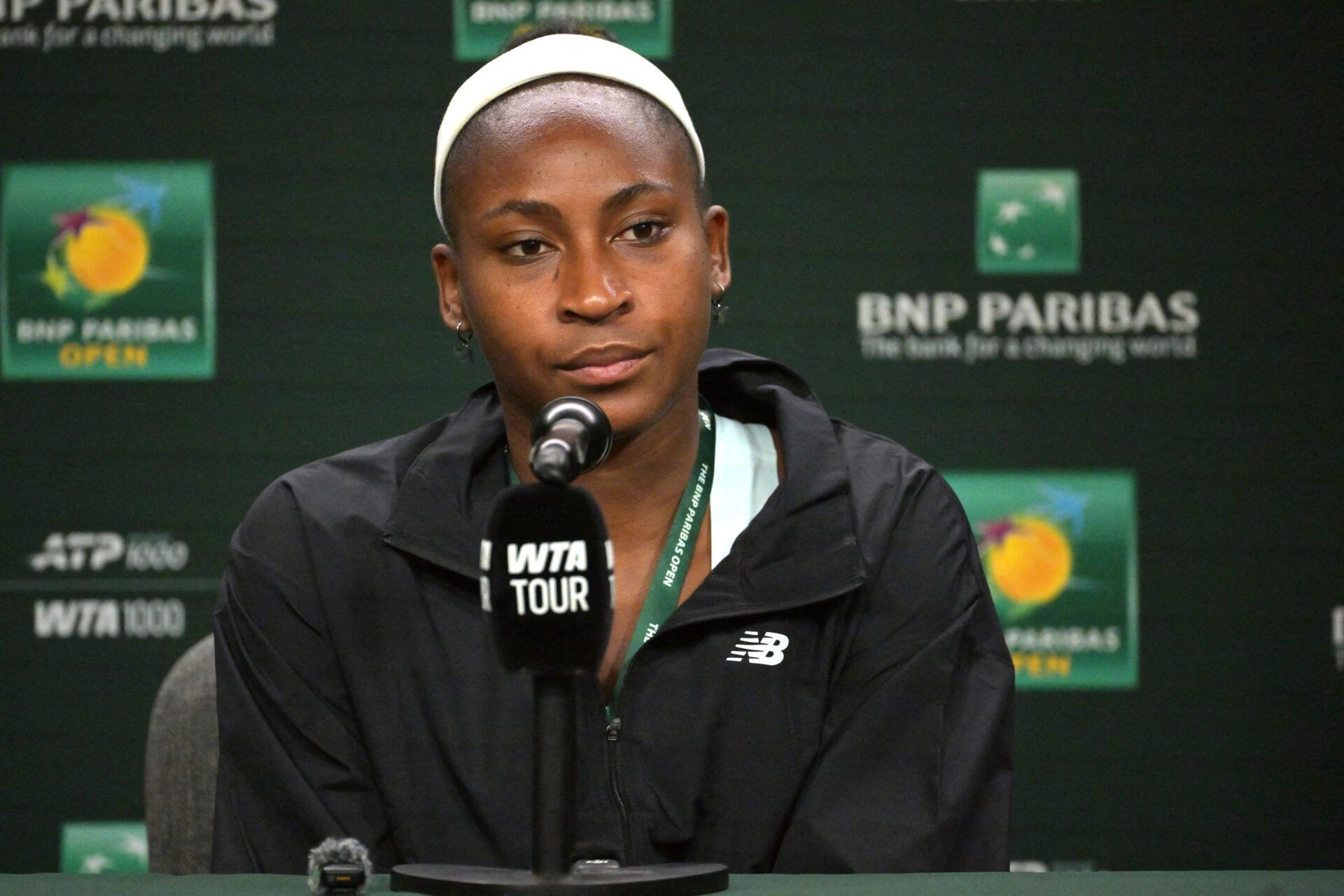 Coco Gauff (USA) speaks to the media at a news conference during the BNP Paribas Open at the Indian Wells Tennis Garden.