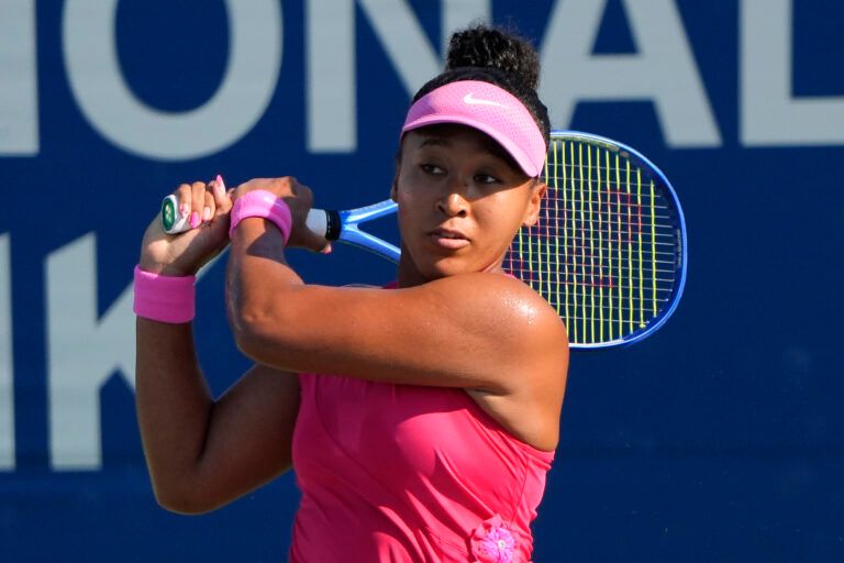 Naomi Osaka (JPN) hits a ball to Panna Udvardy (not pictured) during round two play of the National Bank Open at Sobeys Stadium.