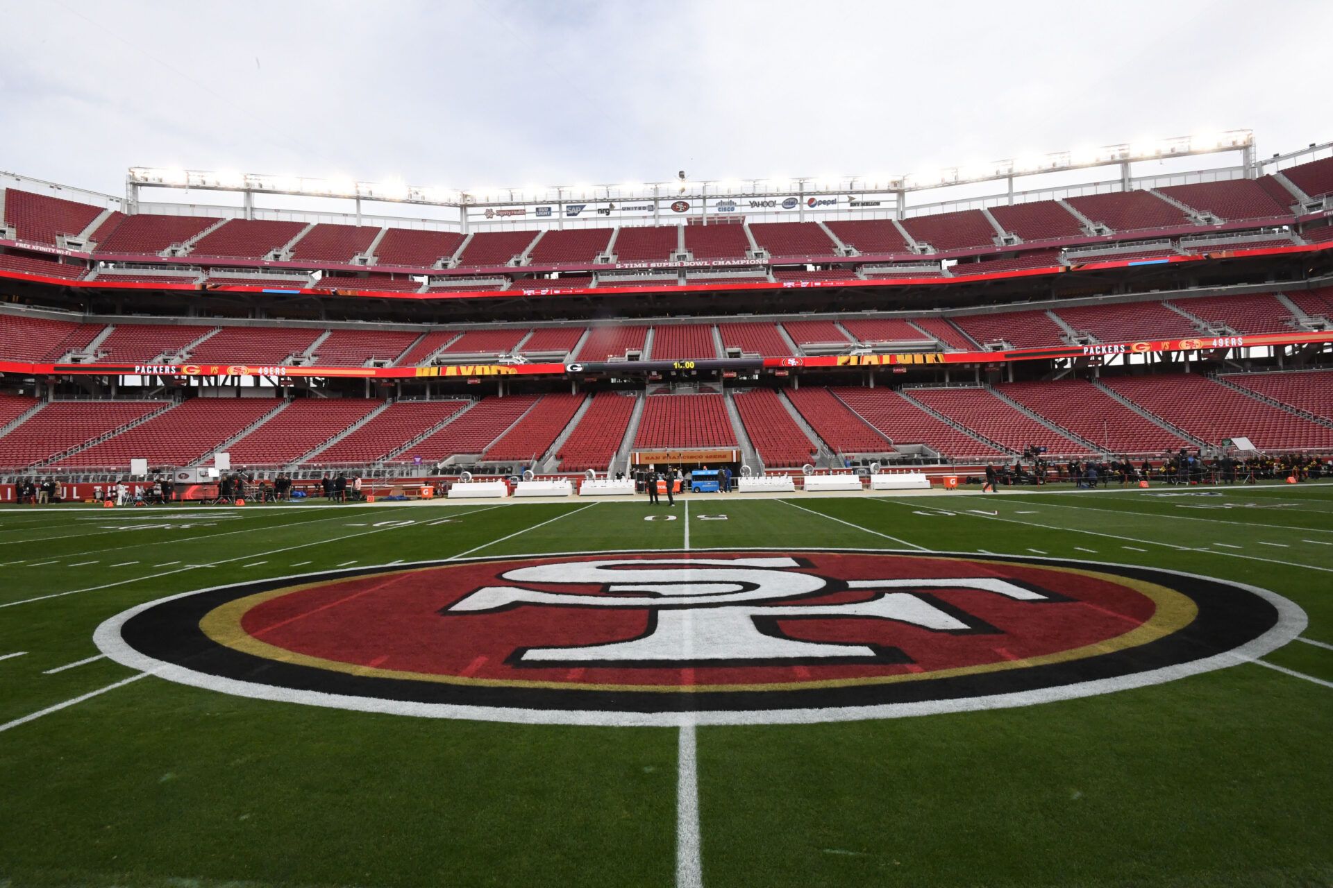 A general view of the 49ers  logo on the field before the NFC Championship Game between the San Francisco 49ers and Green Bay Packers at Levi's Stadium.