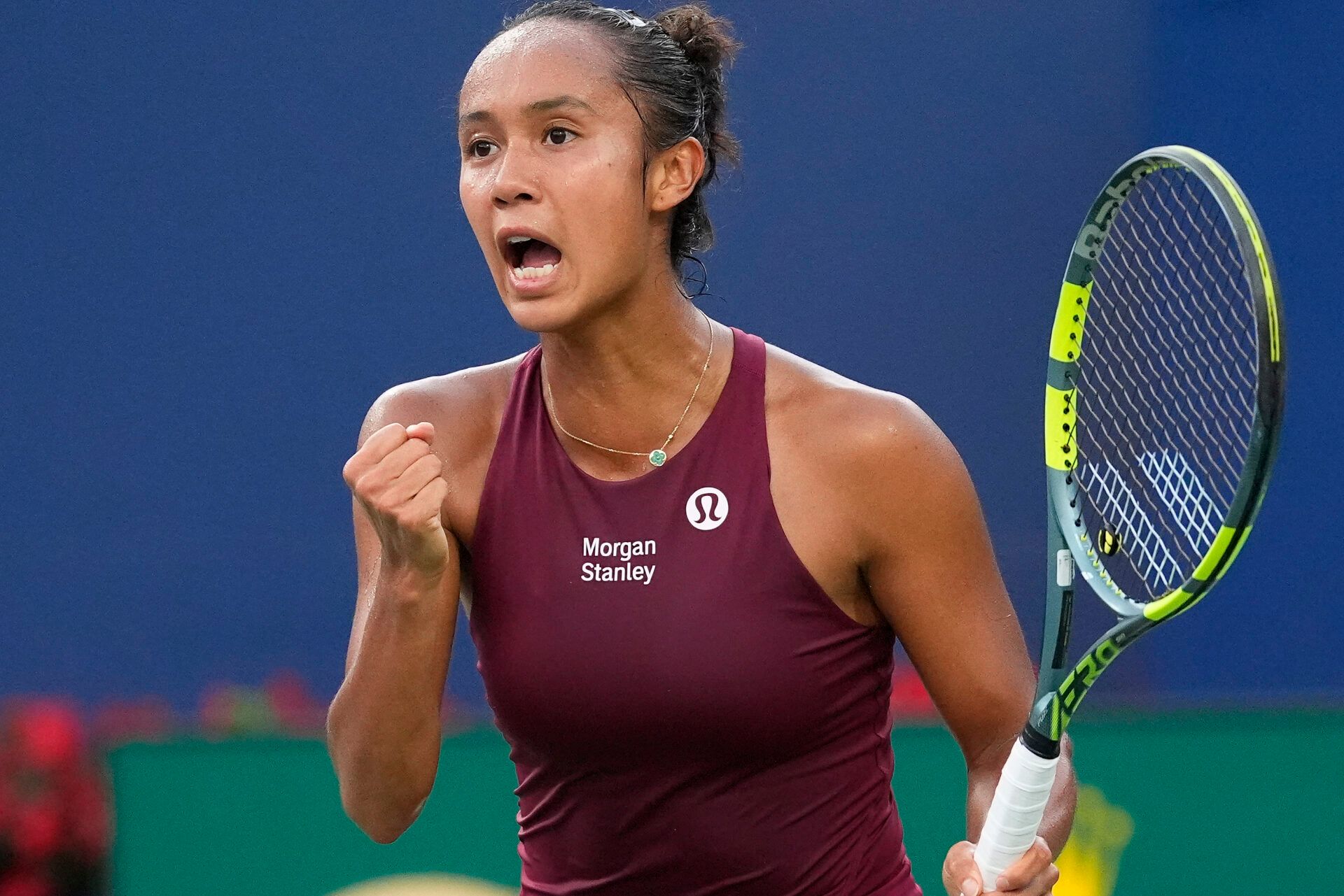 Leylah Fernandez (CAN) reacts after winning a point against  Renata Zarazua (not pictured) during round two play of the National Bank Open at Sobeys Stadium.